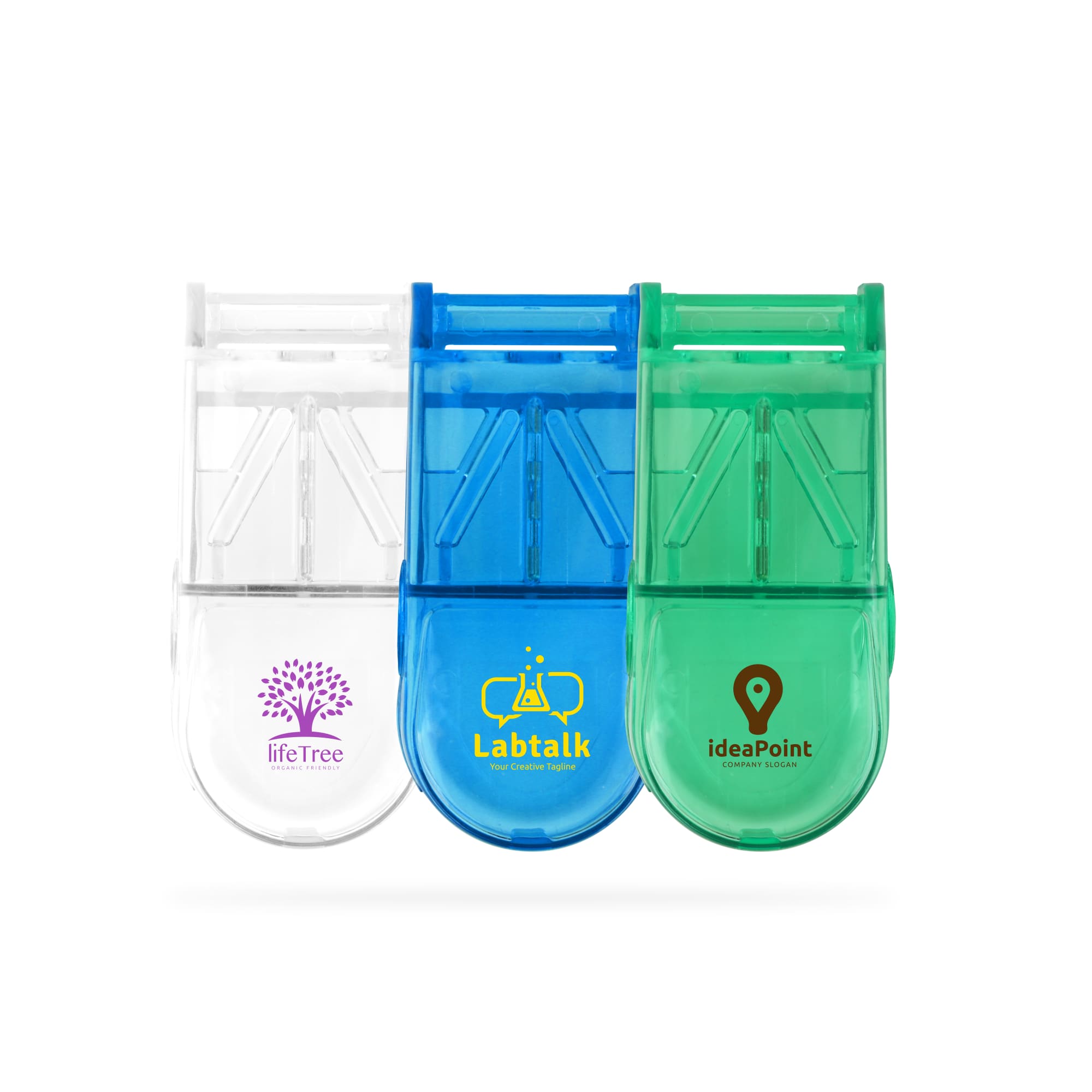 A pill box with a cutter in clear, blue, and green colours, featuring different logos on each. Pill Box with Cutter - Image 1
