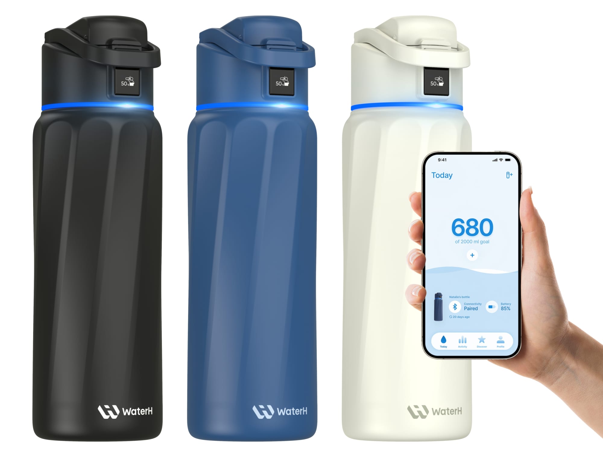 A drink bottle in black, blue, and white, featuring a digital panel and a logo on the base. WaterH Boost Smart Bottle 32oz (946ml) - Image 1