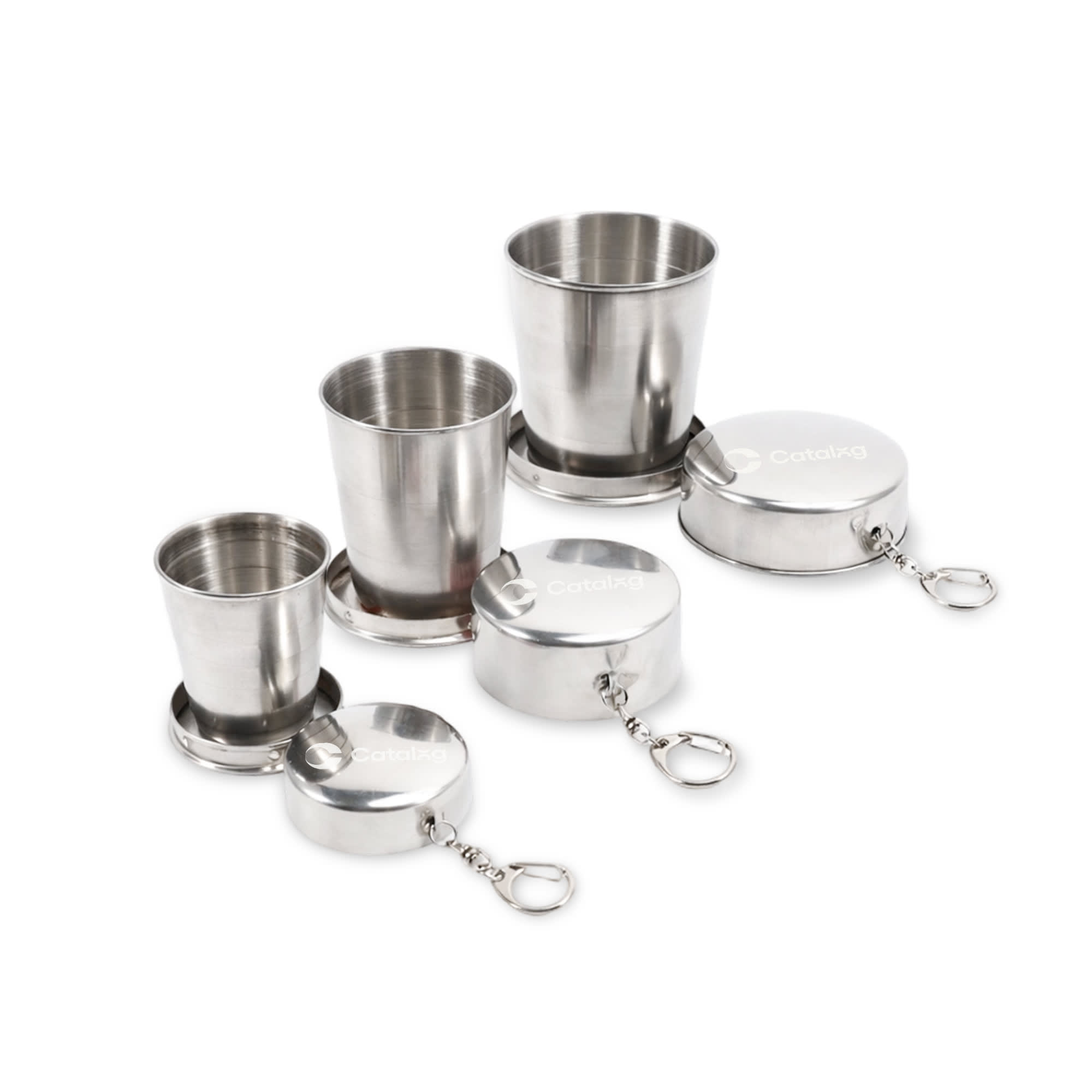 A compact set of stainless steel folding cups in silver, featuring three different sizes with keychain attachments. 55ML/140ML/250ML Compact Stainless Steel Folding Cup - Image 1
