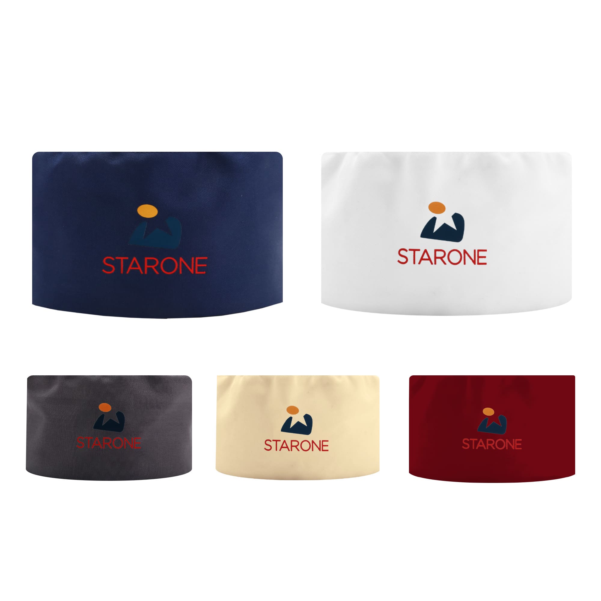A selection of chef skull caps in navy, white, grey, cream, and red, each featuring a logo. Chef Skull Caps - Image 1