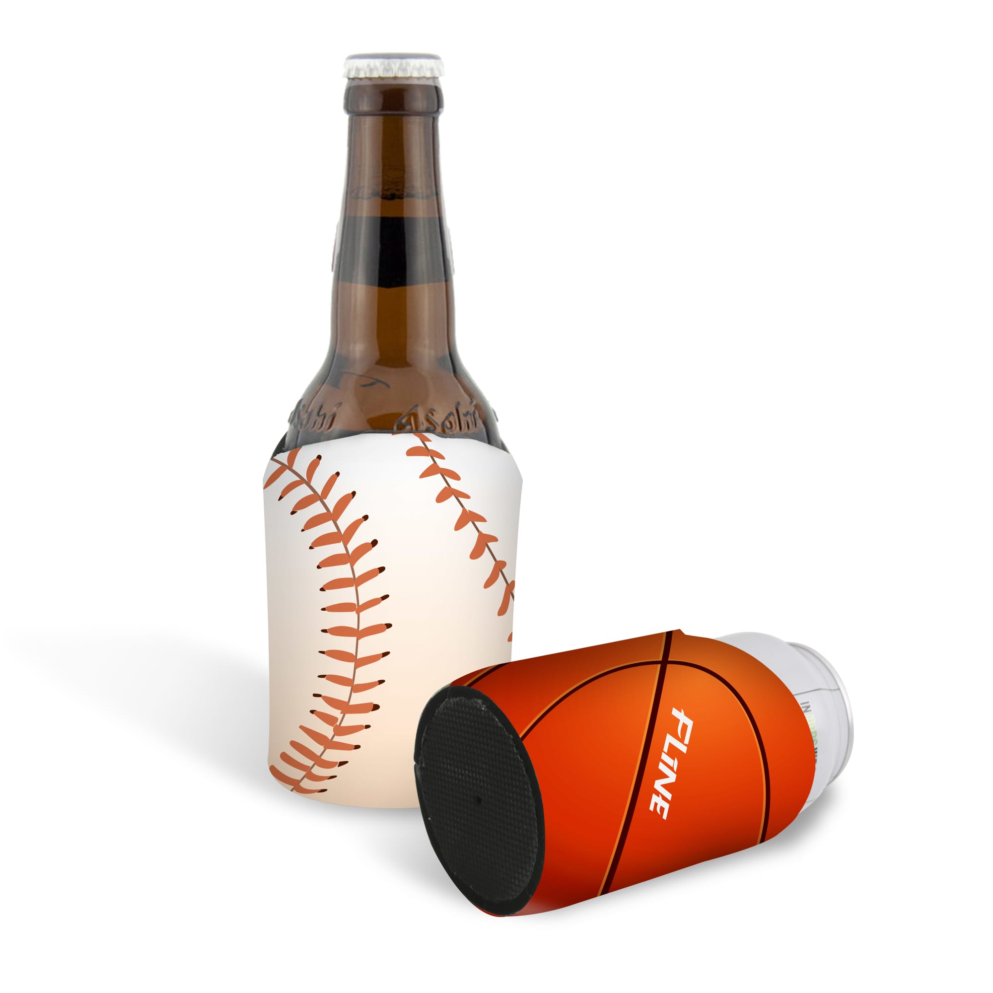 A drink bottle in a baseball-themed holder and a round orange stubby holder. Both have distinctive designs and colours. Round Edge Stubby Holder - Image 1