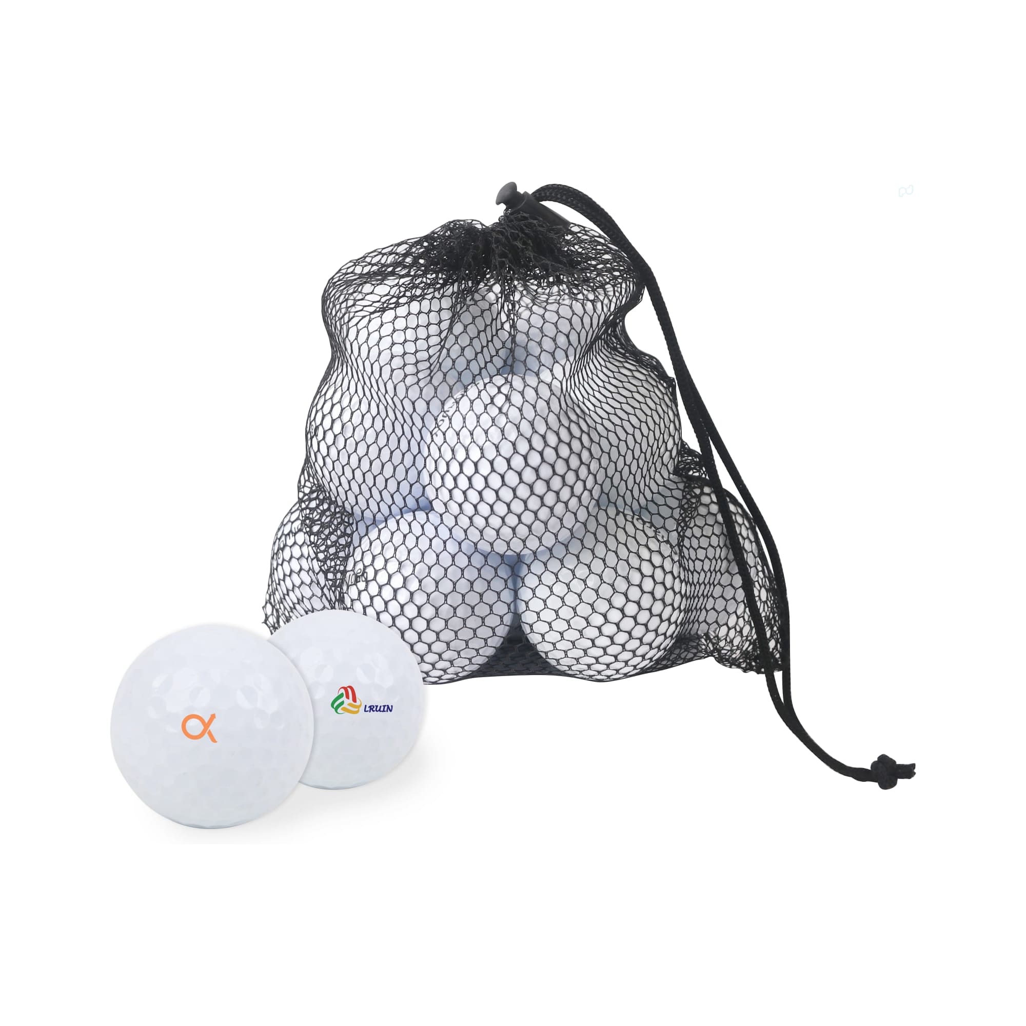 A mesh bag containing 12 white golf balls, featuring different logos on two visible balls. Golf Ball Set (12pcs) - Image 1