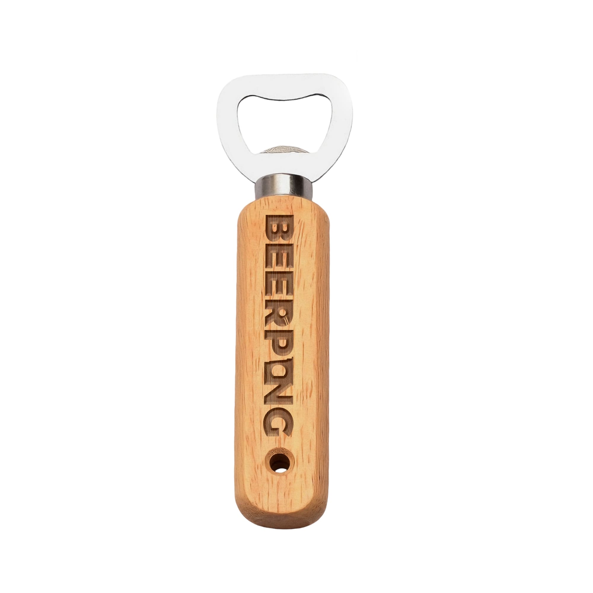 A drink bottle opener with a wooden handle and a stainless steel top, featuring a logo on the handle. Wooden Bottle Opener - Image 1