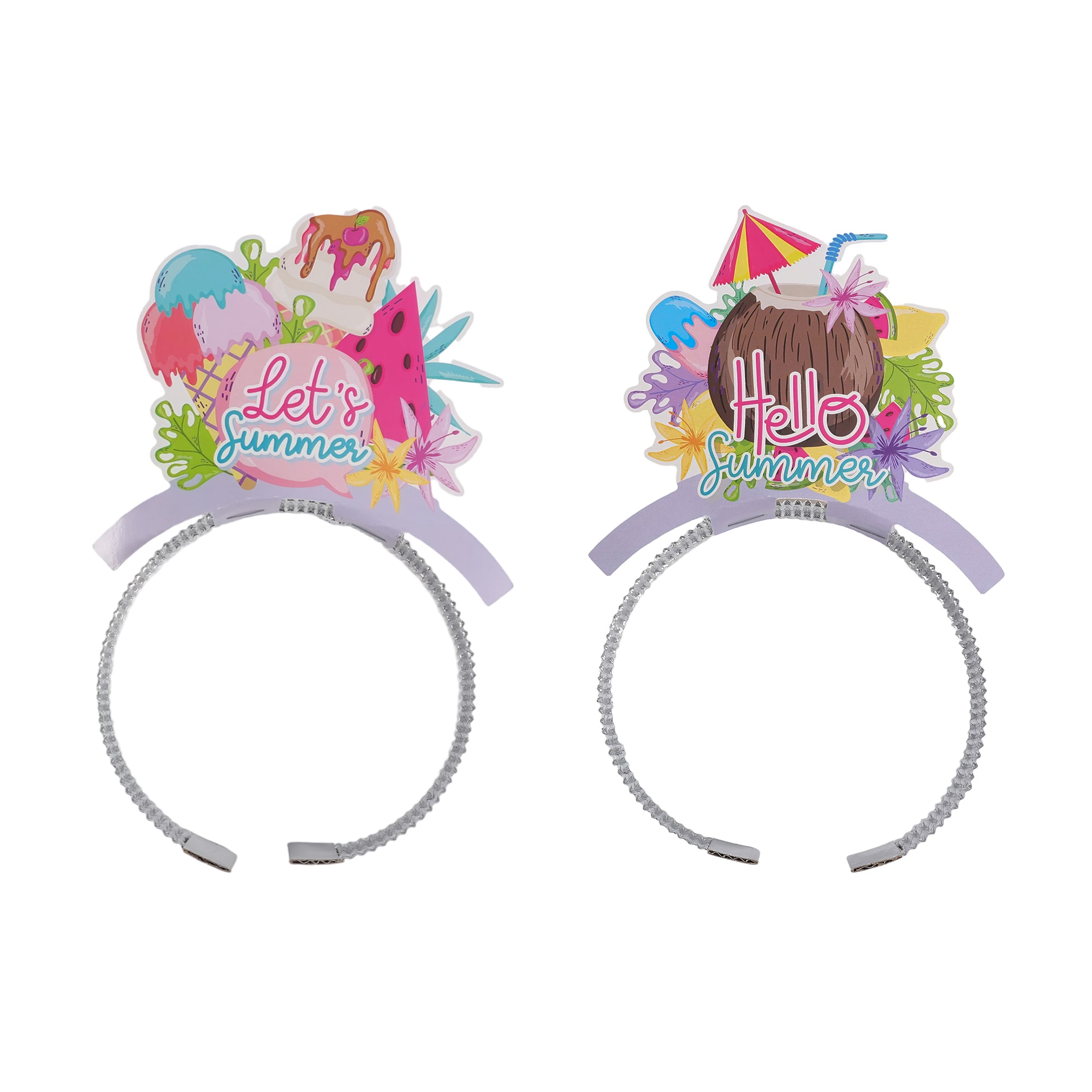 A Foil Topper Headband featuring colourful summer-themed designs, including fruits and fun icons. It has a flexible band. Foil Topper Headband - Image 1