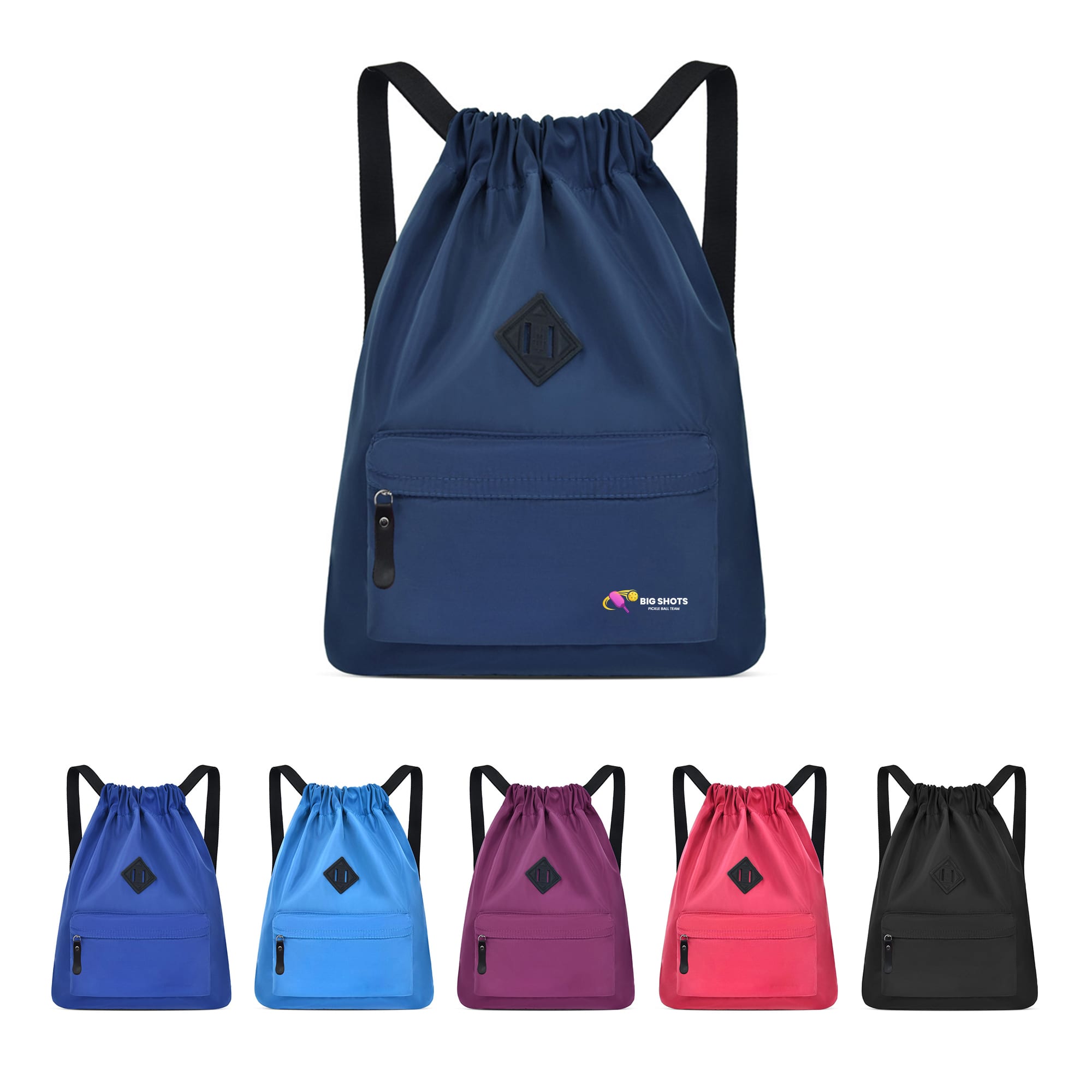 A lightweight drawstring backpack in navy with a logo, featuring additional colours: light blue, purple, pink, and black. Lightweight Drawstring Backpack - Image 1