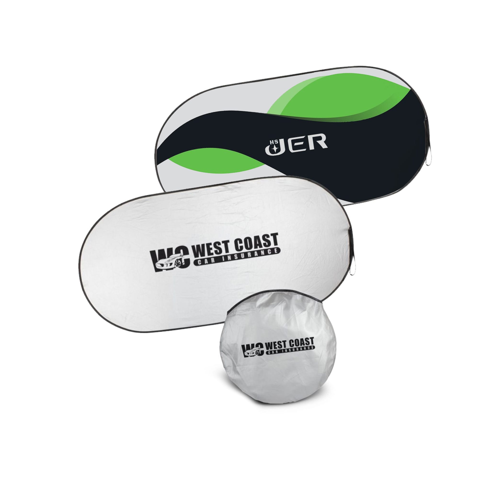 A reflective car sunshade in grey and green, featuring a logo and a compact storage design. Reflective Car Sunshade - Image 1