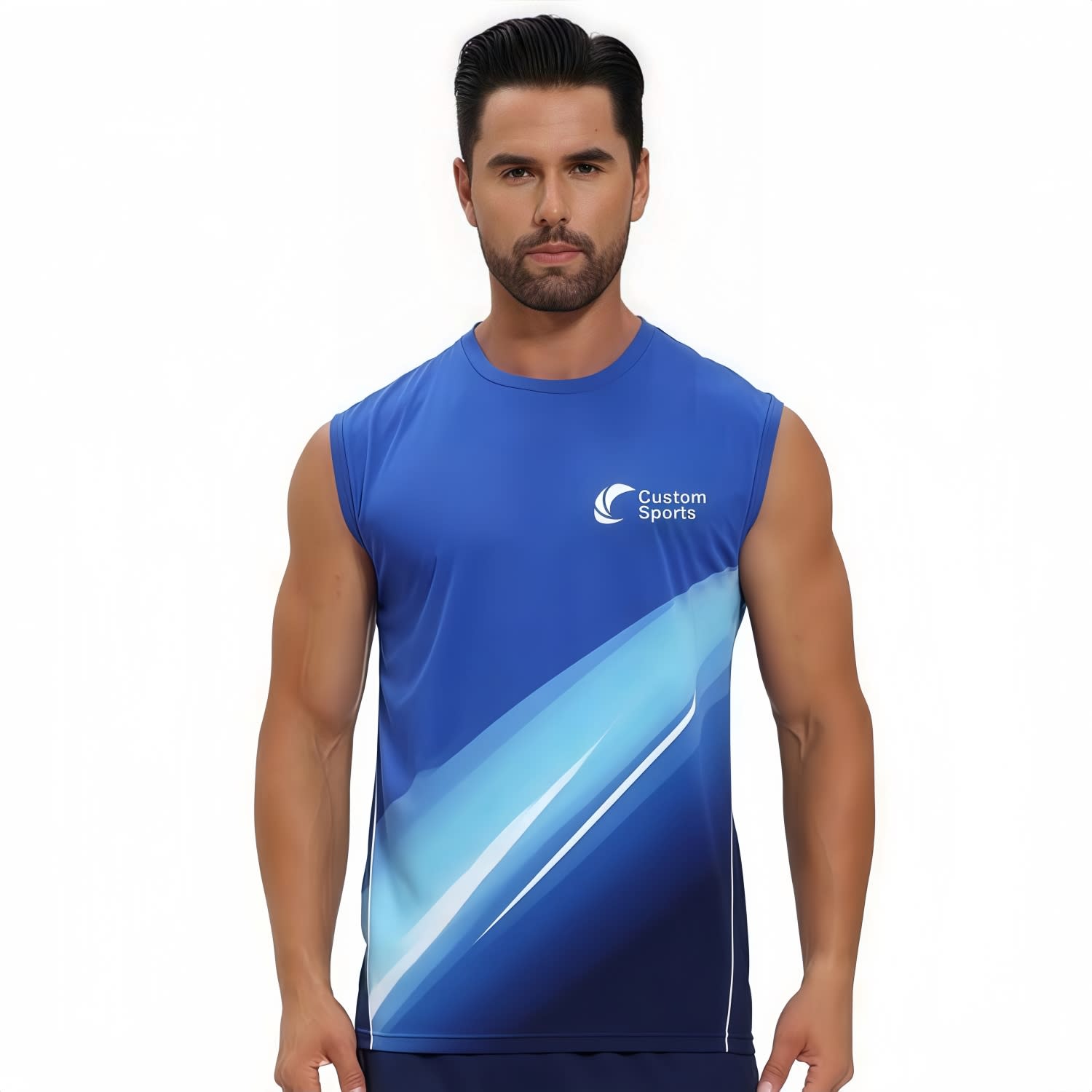 A blue micro mesh sublimated crew neck singlet with a gradient design and a branding logo. 100% Polyester Micro Mesh Sublimated Crew Neck Singlet - Image 1