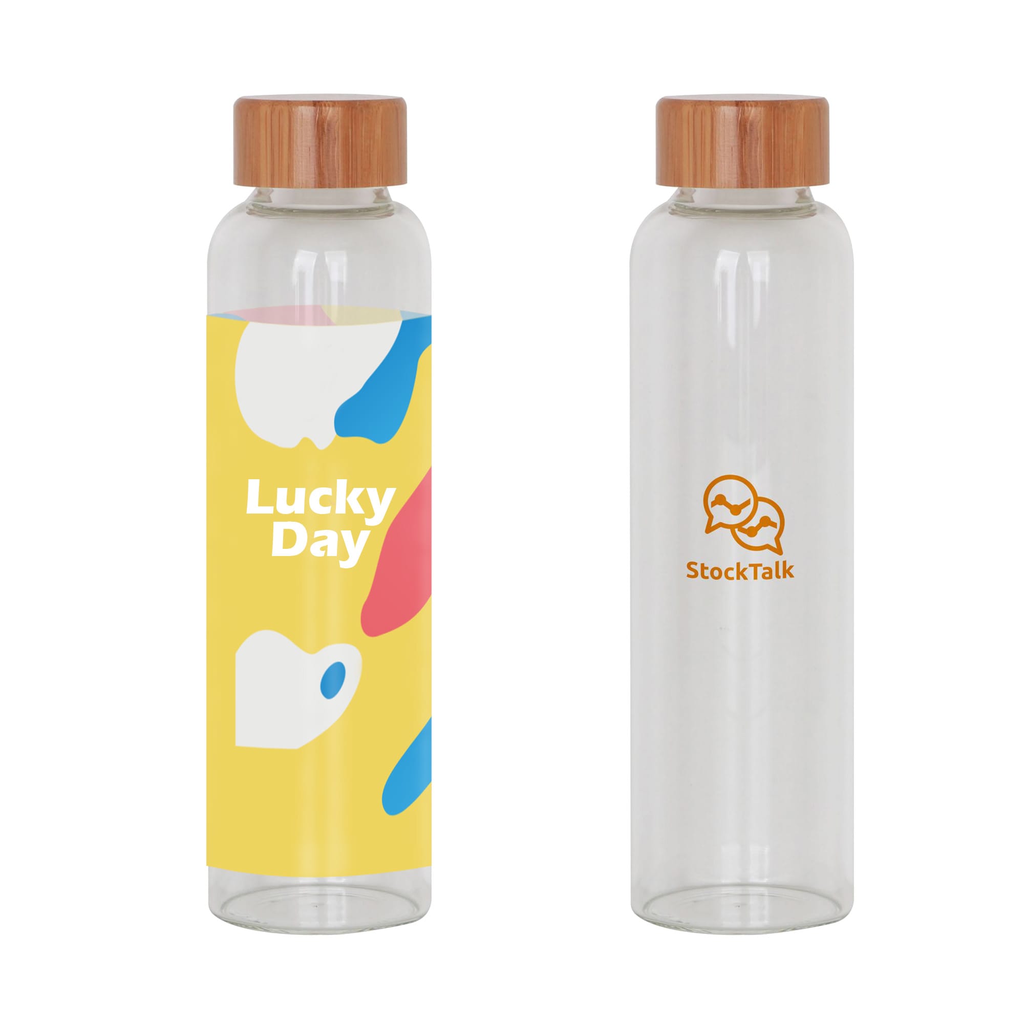 A drink bottle featuring a transparent design with a bamboo lid and colourful abstract motifs. It has branding on one side. 550ml Glass Drink Bottle with Bamboo Lid - Image 1