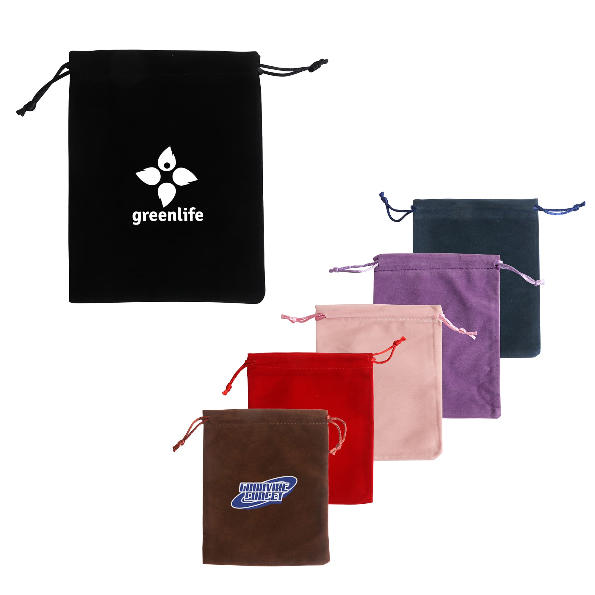 A set of velvet drawstring bags in black, red, pink, purple, and brown, with some featuring logos. Velvet Drawstring Bag - Image 1