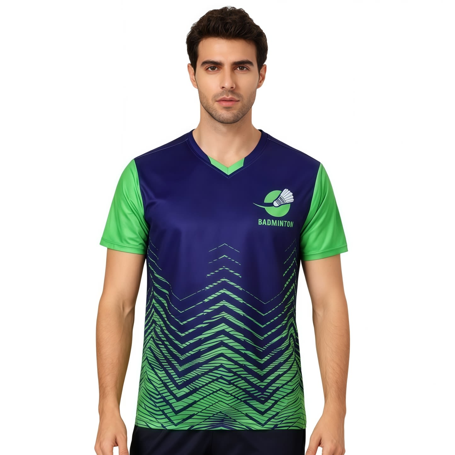 A unisex adult T-shirt featuring a blue body with green sleeves and a geometric design. It includes a logo. Unisex Adults 100% Polyester Sublimated Insert Collar T-shirt - Image 1
