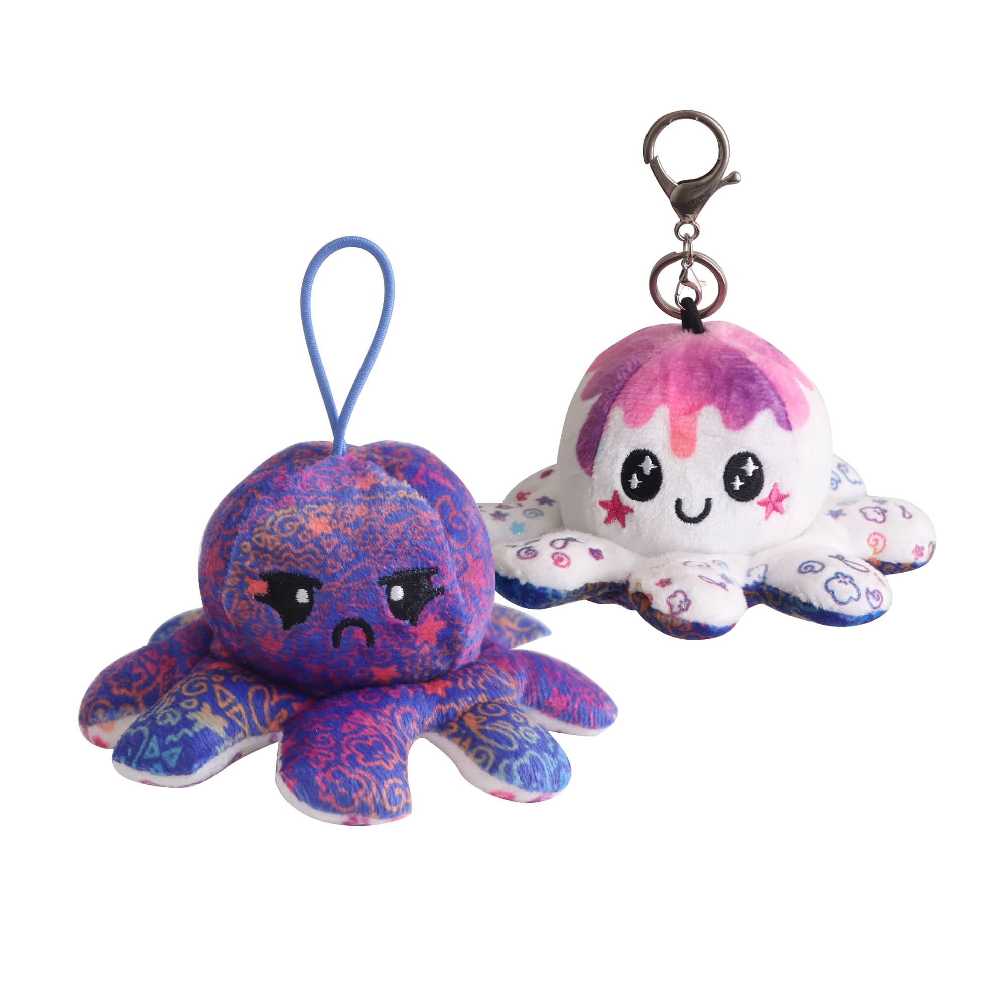 A small reversible octopus plush toy in vibrant blue and white, featuring a happy and an angry face, with a clip attachment. Small Reversible Octopus Plush Toy - Image 1