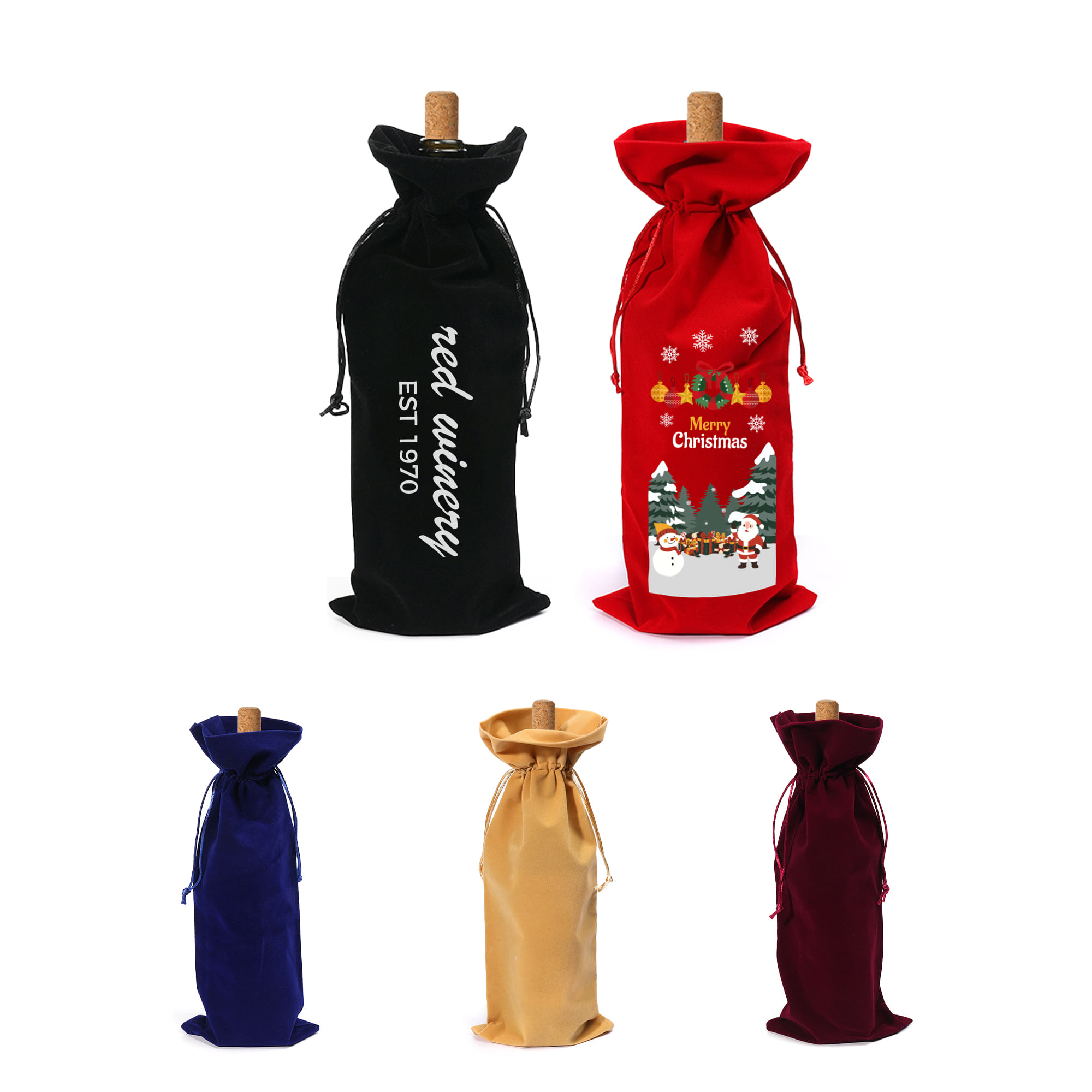 A drawstring flannel wine bottle bag in black, red, blue, gold, and burgundy with festive designs and a logo. Drawstring Velvet Wine Bottle Bag - Image 1