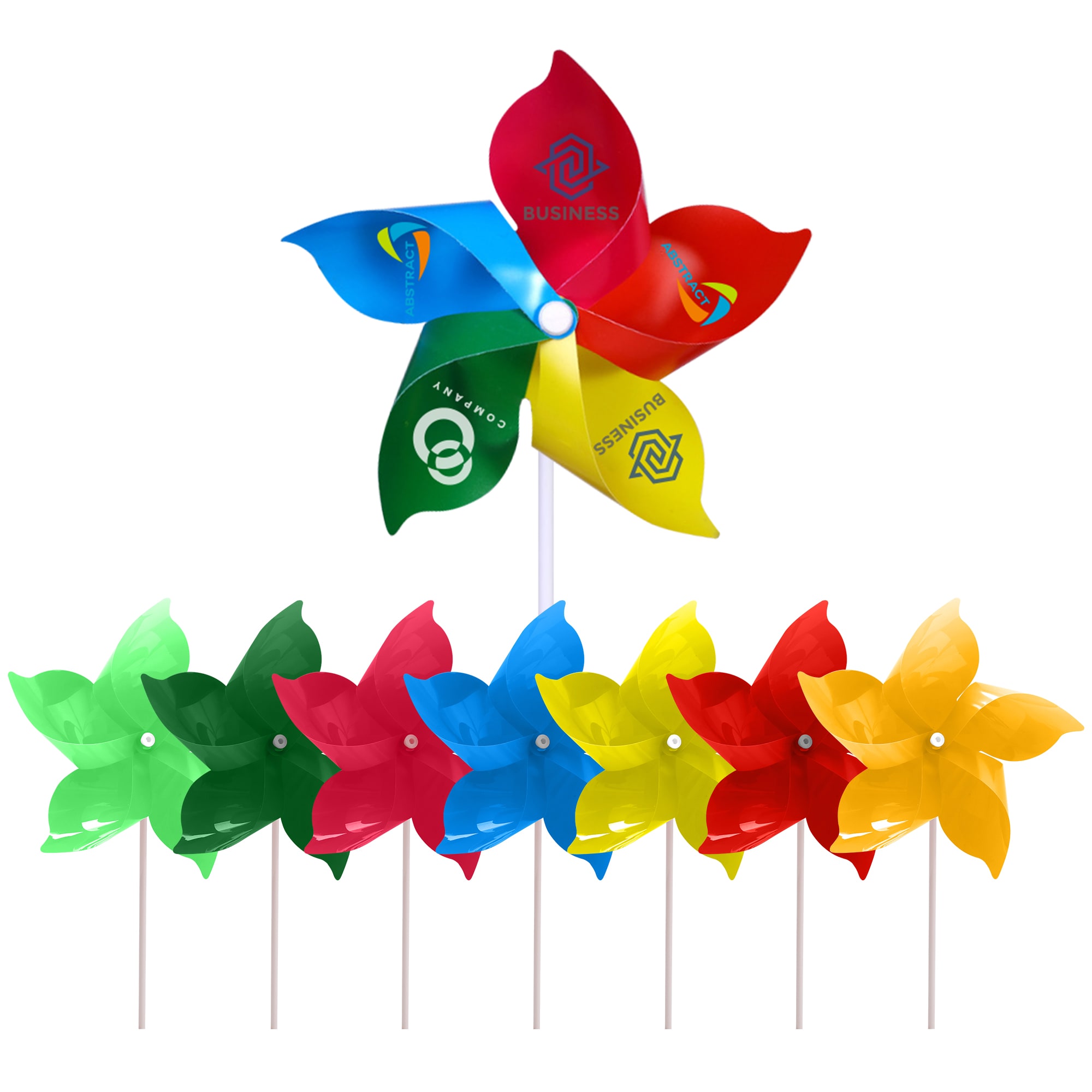 A five-leaf pinwheel featuring red, yellow, green, and blue petals, mounted on a white stick. It has branding elements. Five-leaf Pinwheel - Image 1