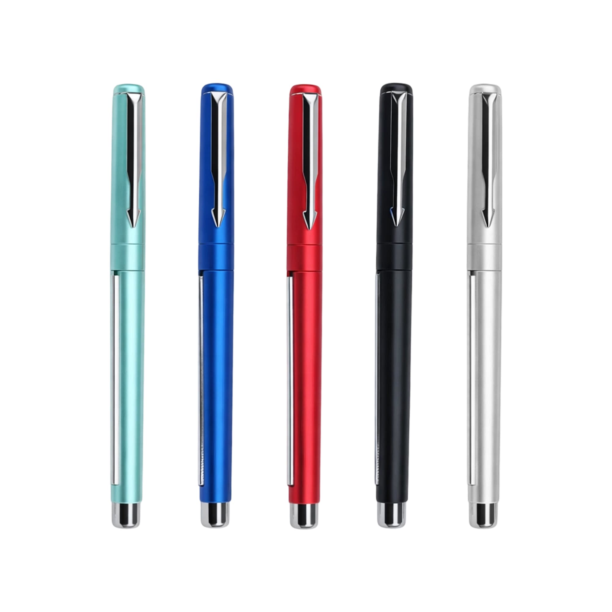 A set of five pens in mint green, blue, red, black, and silver, featuring a sleek design and a logo. Commercial Banner Pen - Image 1