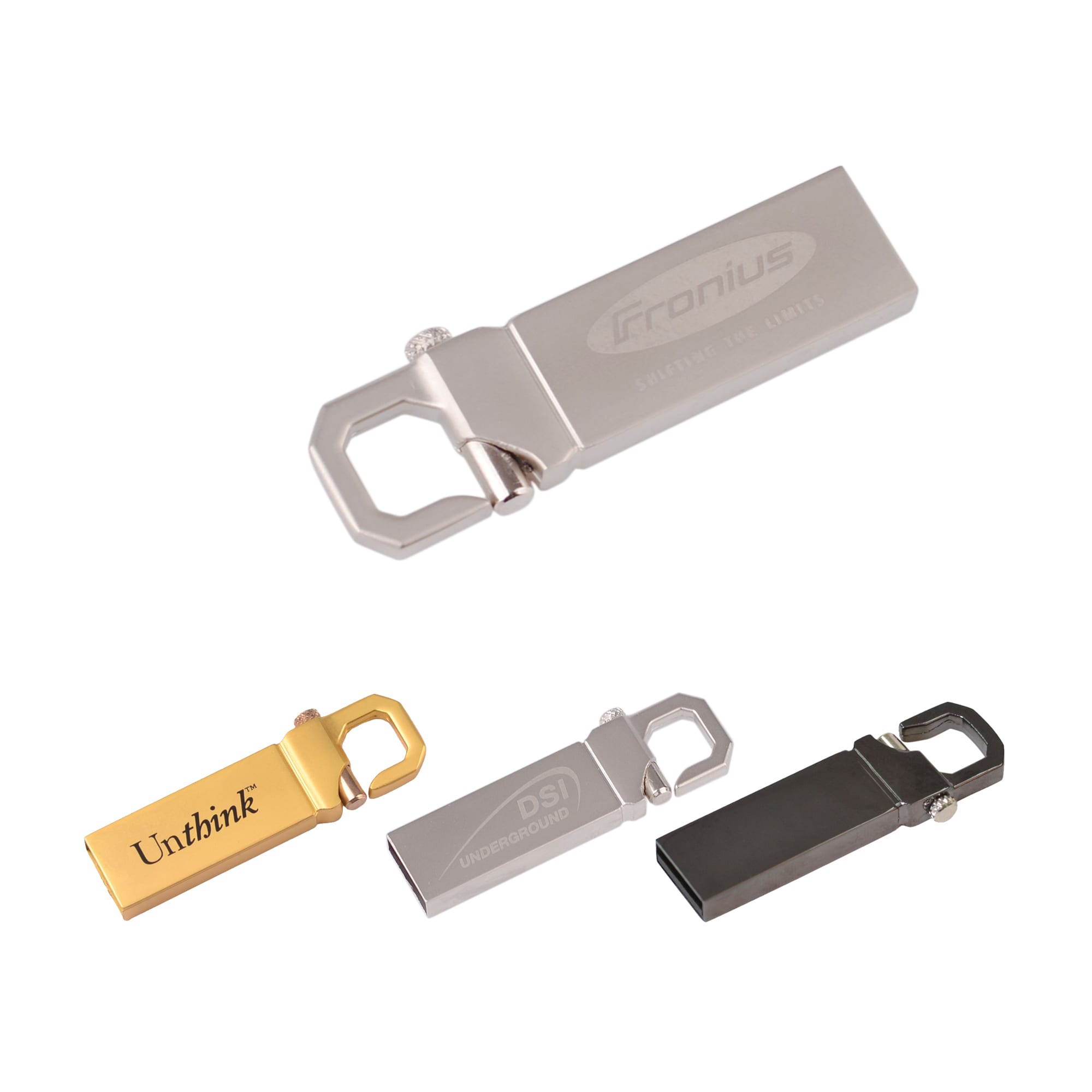 A collection of three metallic flash drives in gold, silver, and black, featuring different shapes and a branding logo. Mensa Flash Drive - Image 1