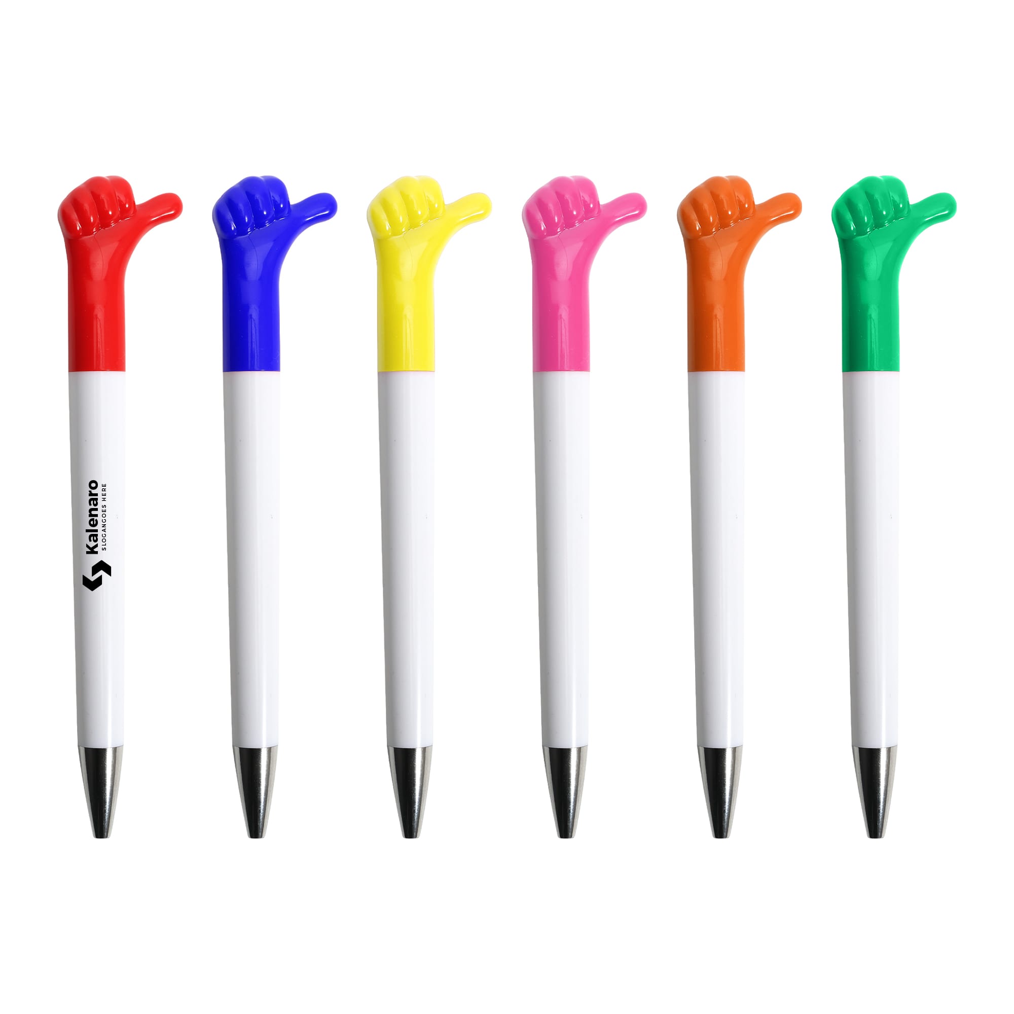 A set of six pens with colourful thumbs-up grips in red, blue, yellow, pink, orange, and green. Each pen has a white body and a logo. Thumps Up Pen - Image 1