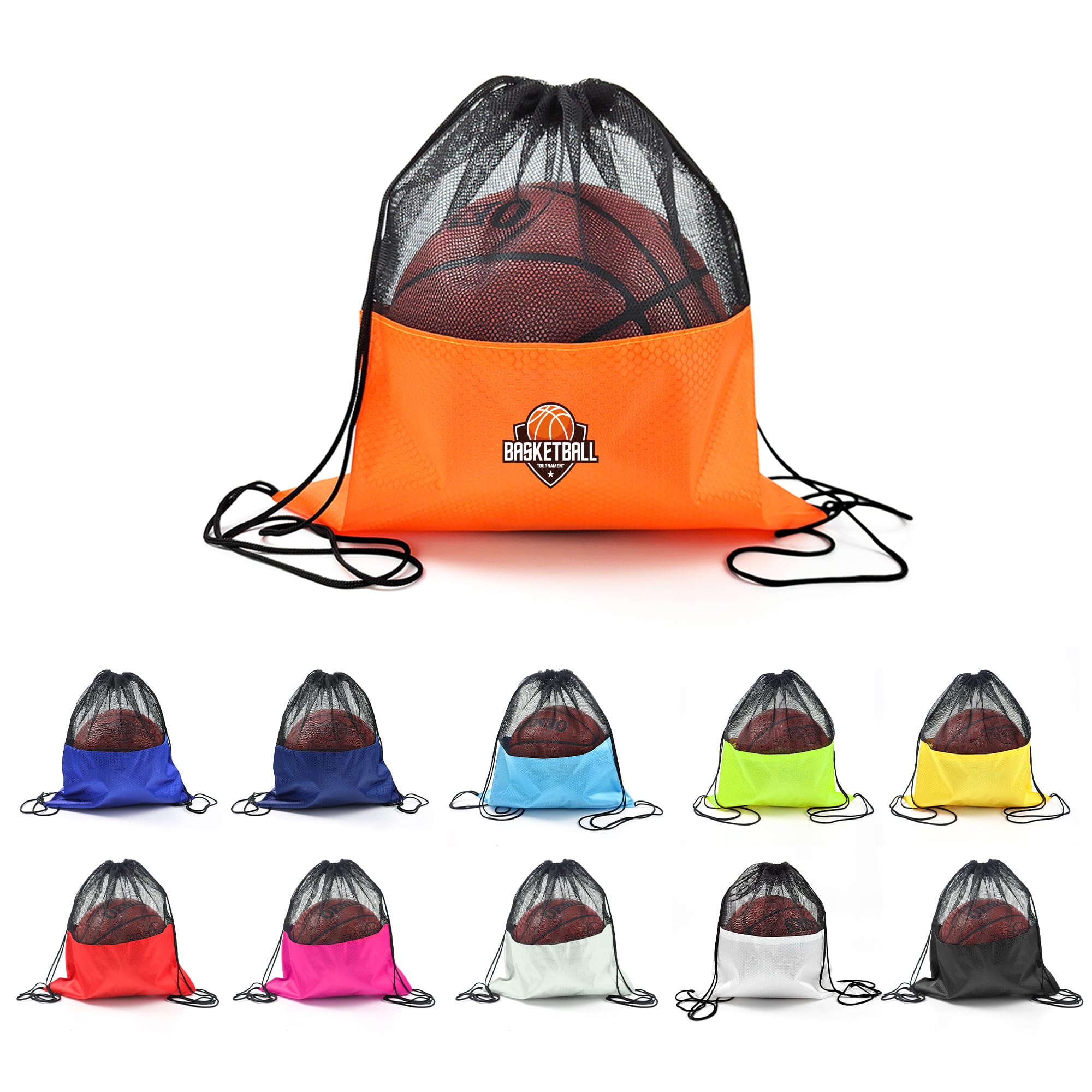 A bright orange drawstring mesh backpack with a basketball inside, featuring a logo and available in multiple colours. Drawstring Mesh Backpack - Image 1