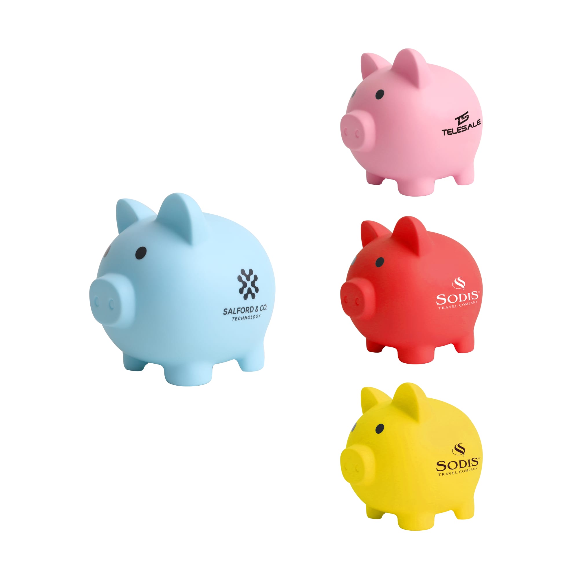 A collection of four piggy coin banks in pink, red, yellow, and blue, each with a logo displayed on them. PVC Piggy Coin Bank - Image 1