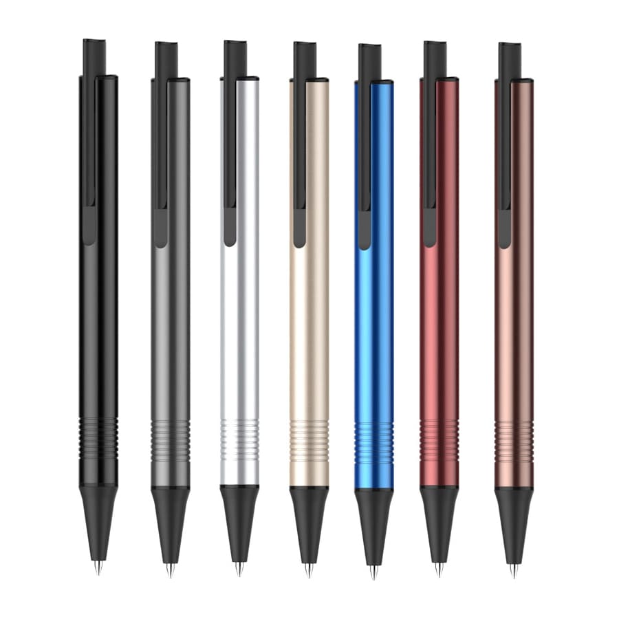 A collection of eight Sword Pens in black, silver, gold, blue, red, and rose gold, featuring a sleek design and clips. Sword Pen - Image 1