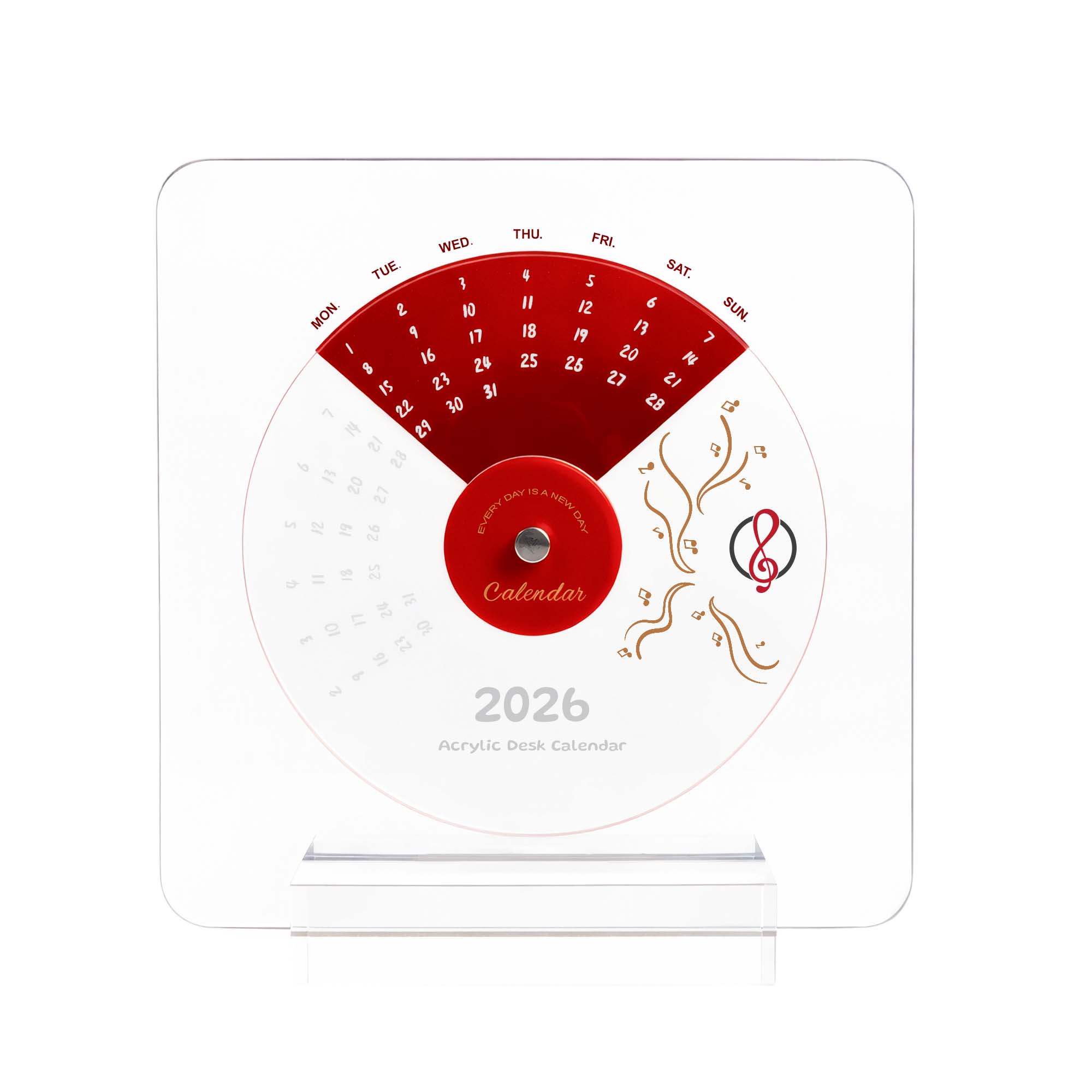 Acrylic desk calendar in white and red, featuring a circular design and decorative elements for each day of the week. Acrylic Desk Calendar - Image 1
