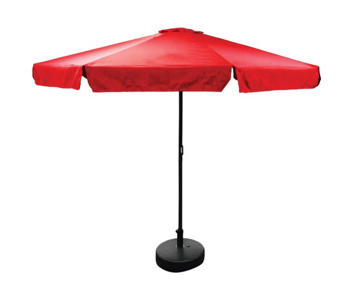 A red market umbrella with a black pole and base, measuring 3m x 3m, featuring a logo. Market Umbrella Valance 3m x 3m - Image 1
