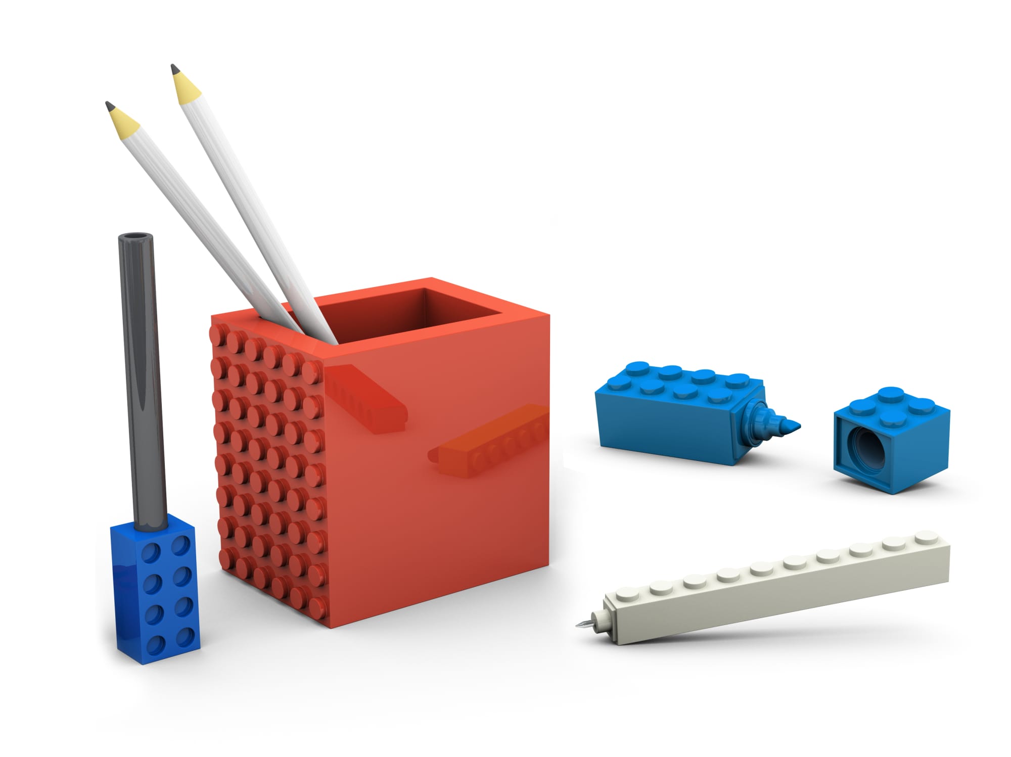 A red pen pot with two pencils, a black pen, and assorted blue and white building block pieces. 4 in 1 Pen Pot Set - Image 1