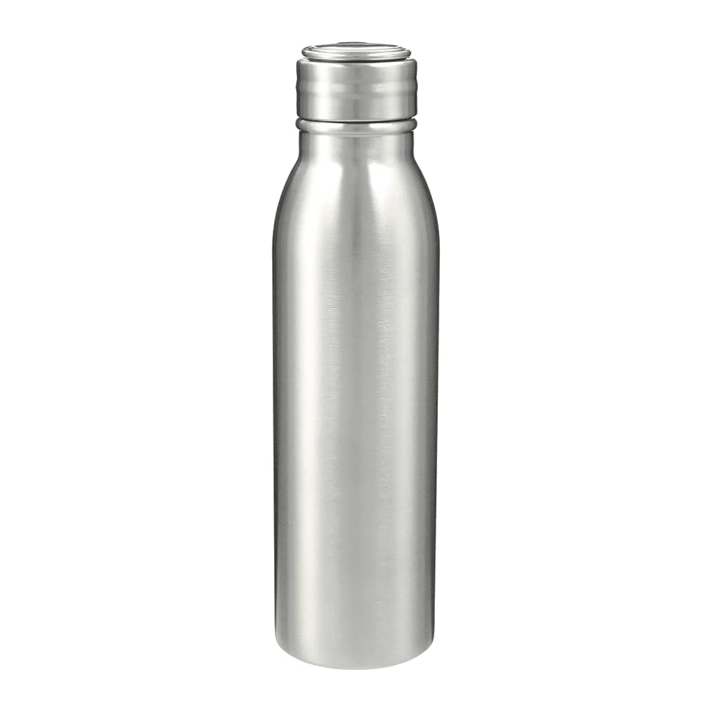 A drink bottle in stainless steel with a sleek, silver finish and a screw-on lid. It features a logo. Vida 710ml Stainless Steel Bottle - Image 1