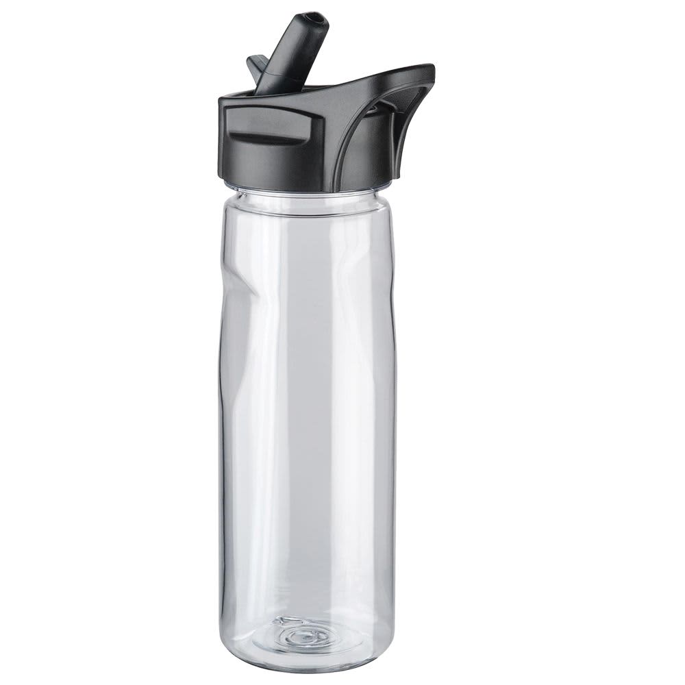 A drink bottle in clear plastic with a black flip-top lid. It features a built-in straw and has a logo. Sports Bottle 600ml - Image 1