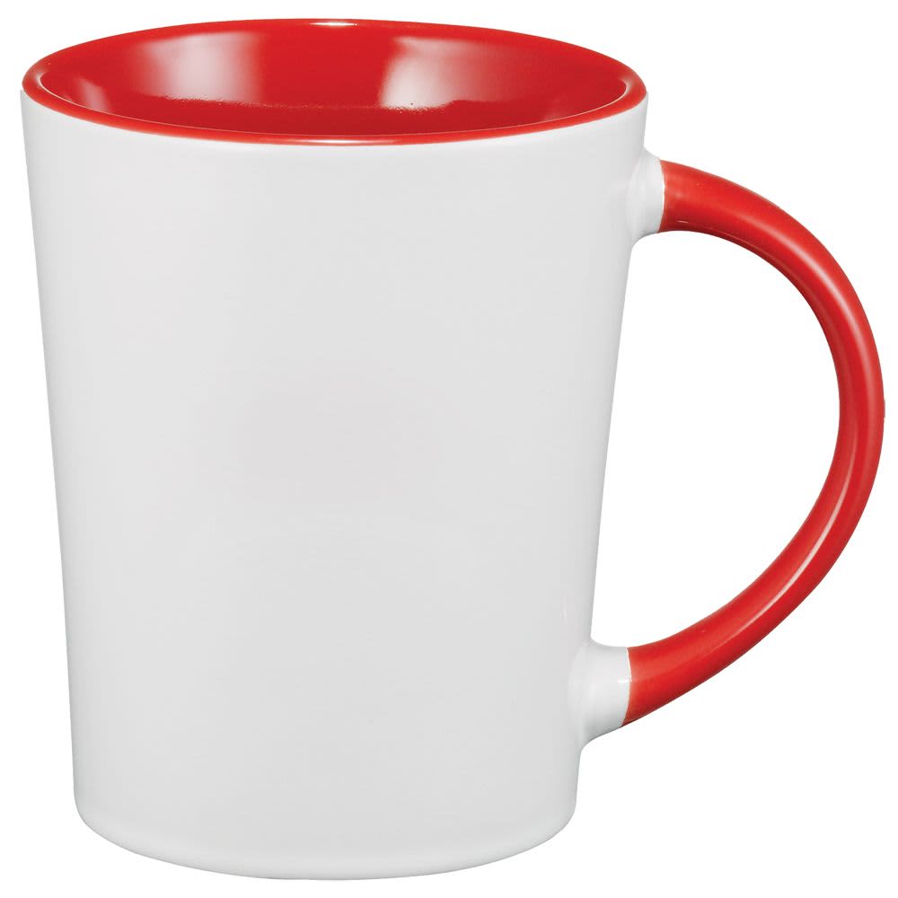 A drinkware mug with a white exterior and red interior, featuring a handle and a logo. Aura Ceramic Mug 400ml - Image 1