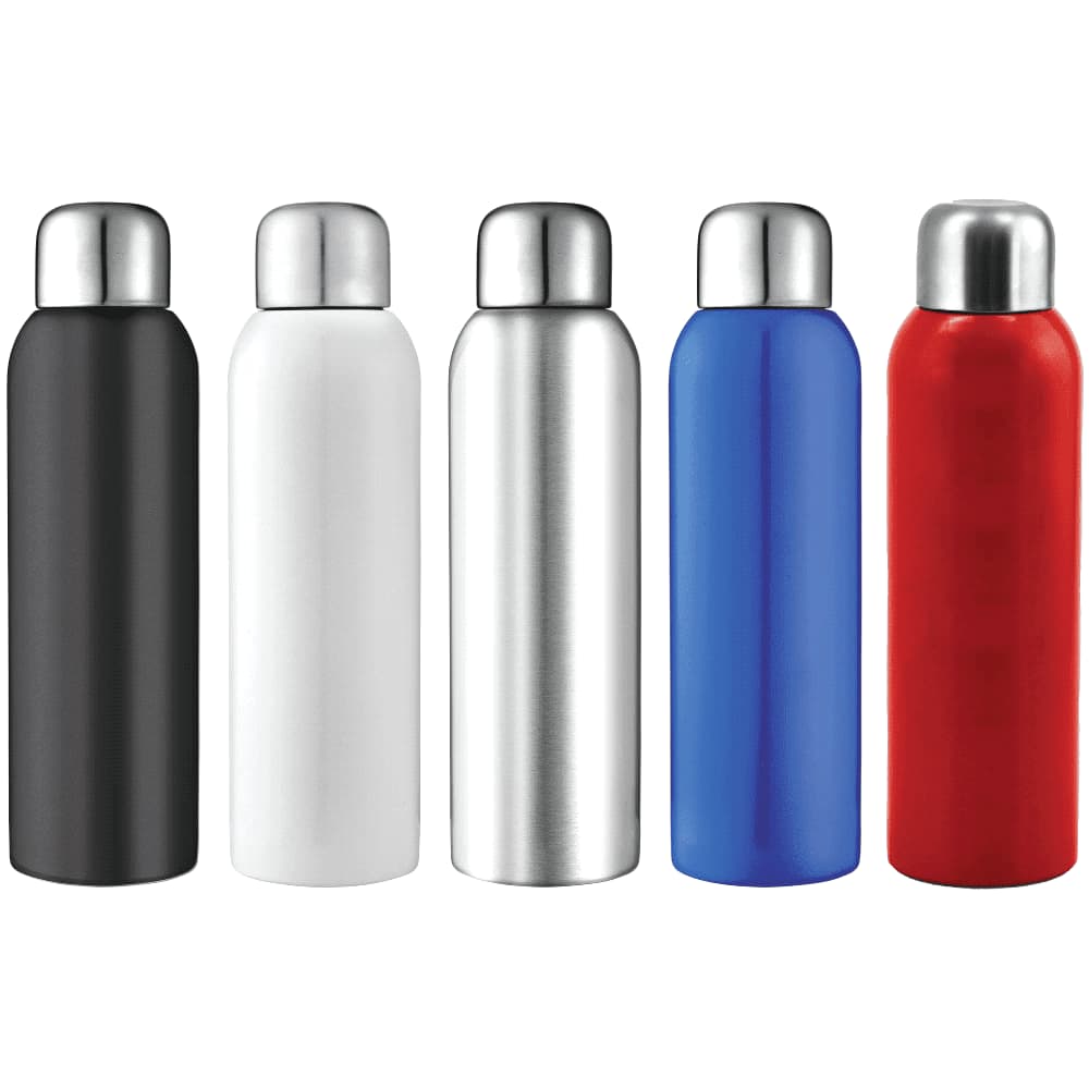 A drink bottle collection featuring black, white, silver, blue, and red stainless steel designs with metallic tops and logos. Guzzle 800ml Stainless Sports Bottle - Image 1