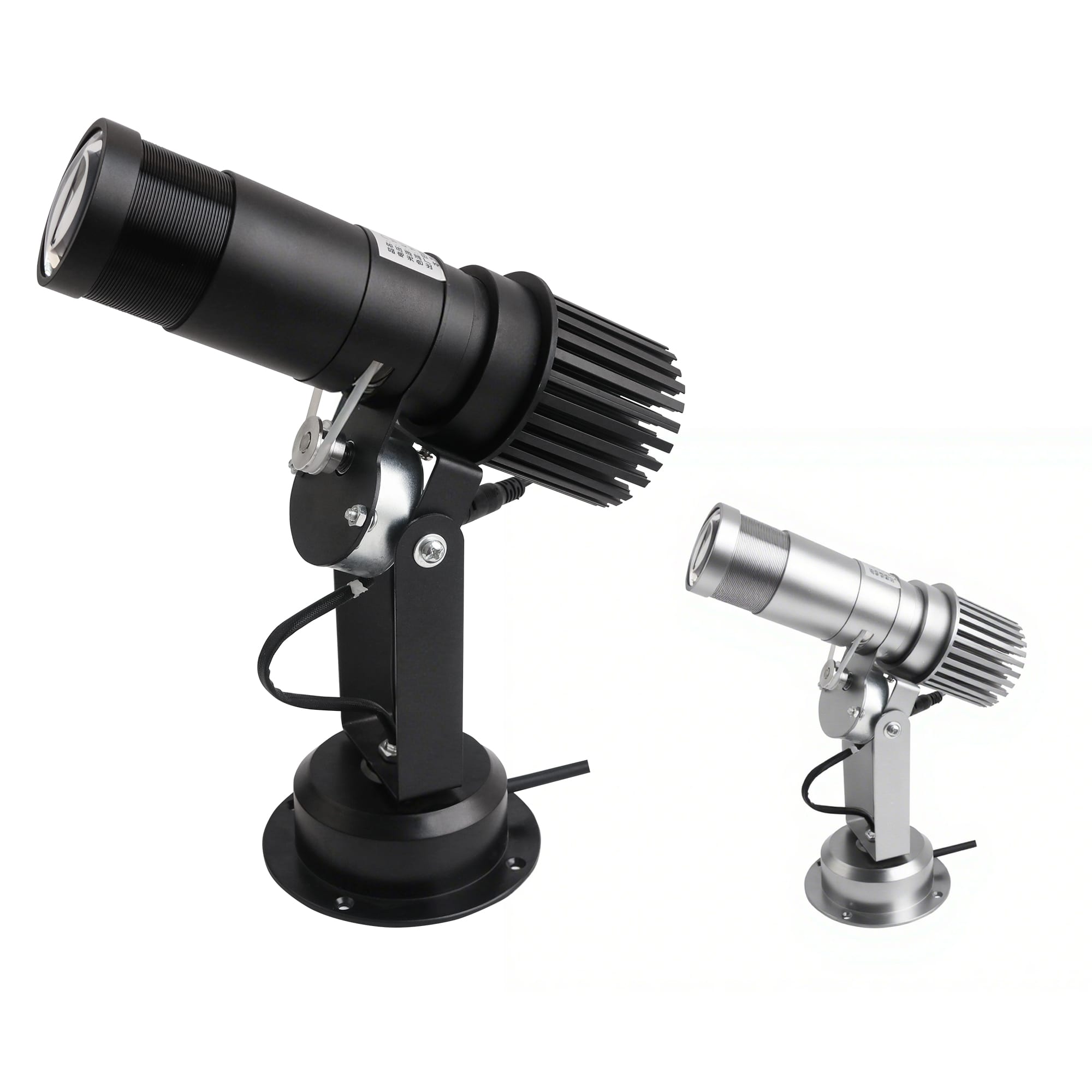 A black and silver LED logo projector light in two sizes, featuring adjustable mounting bases. 25W Advertising LED Logo Projector Light - Image 1