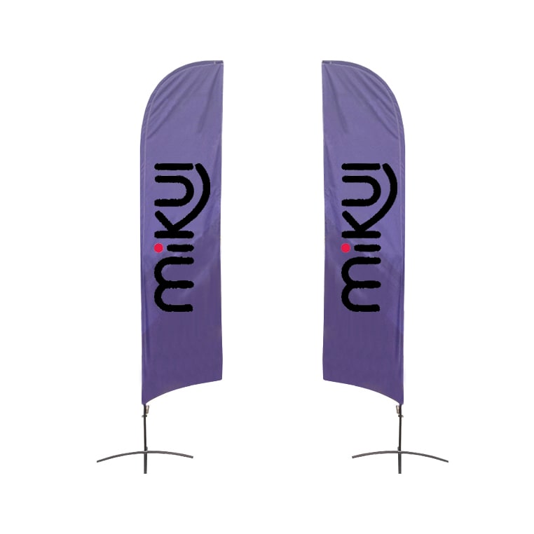 Two angled feather banners in purple, featuring a logo on each, designed for outdoor display. Small(65.3*200cm) Angled Feather Banners 9ft - Image 1
