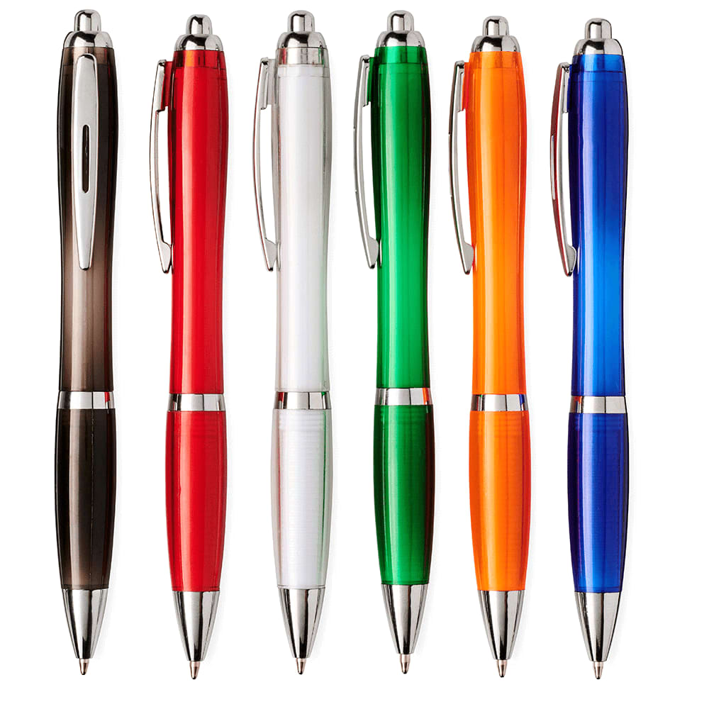 A collection of ballpoint pens in various colours: black, red, white, green, orange, and blue, featuring a silver clip and accents. Nash Recycled PET Ballpoint Pen - Image 1