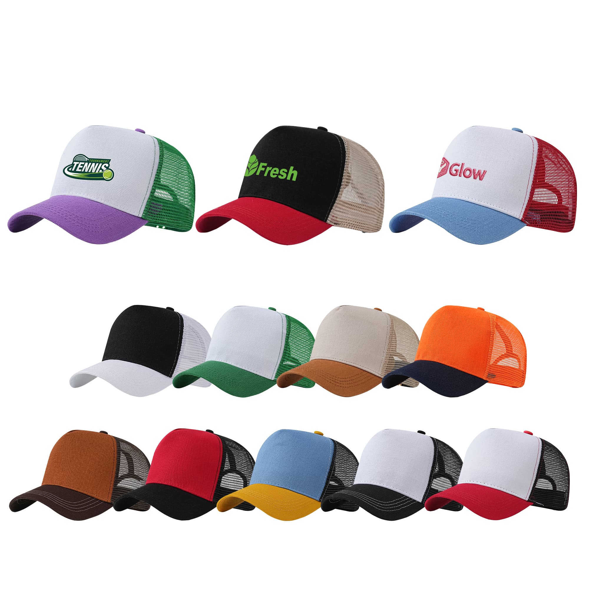 A selection of 5-panel fashion mesh hats in various colours, featuring different logos and branding. 5 Panel Fashion Mesh Hat - Image 1