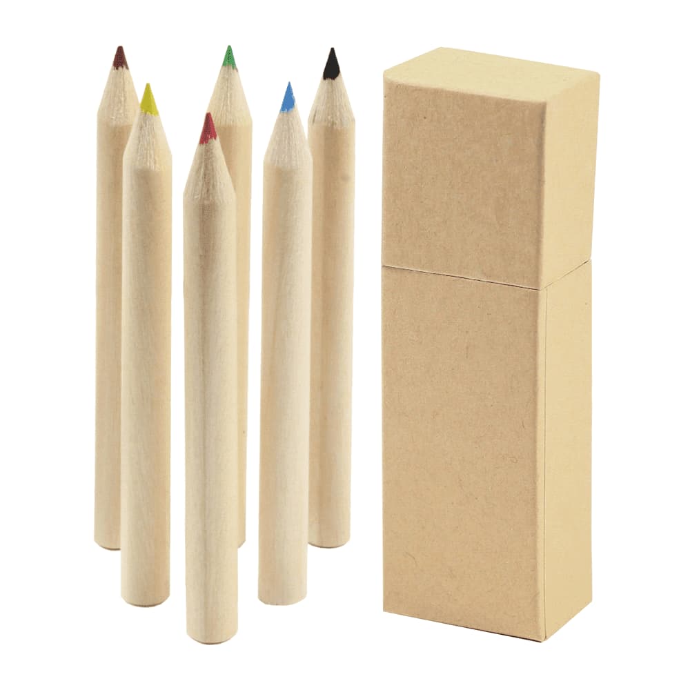 A set of six coloured pencils in red, green, yellow, blue, black, and brown, with a plain cardboard box. Coloured Pencil Set 6pcs - Image 1