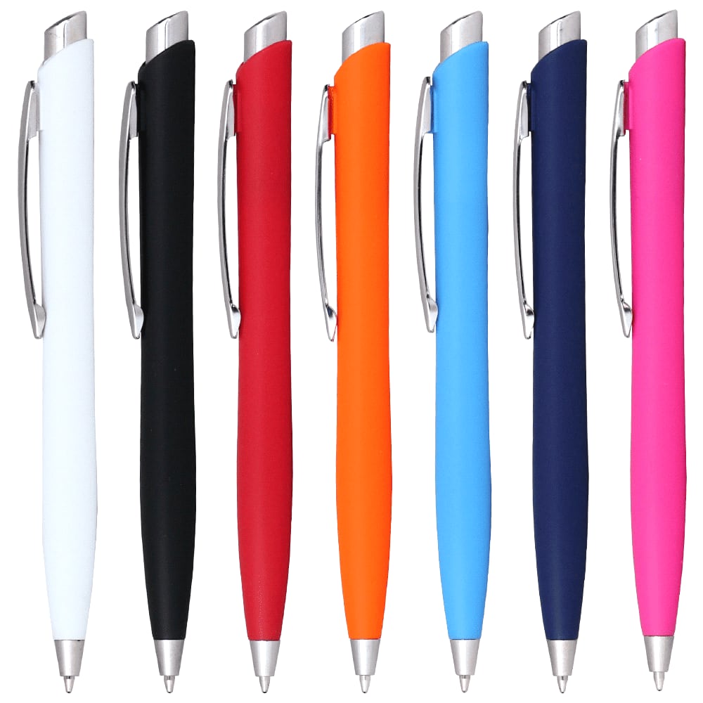 A collection of Odin Click Action Ballpoint Pens in white, black, red, orange, blue, navy, and pink, each with a logo. Odin Click Action Ballpoint Pen - Image 1