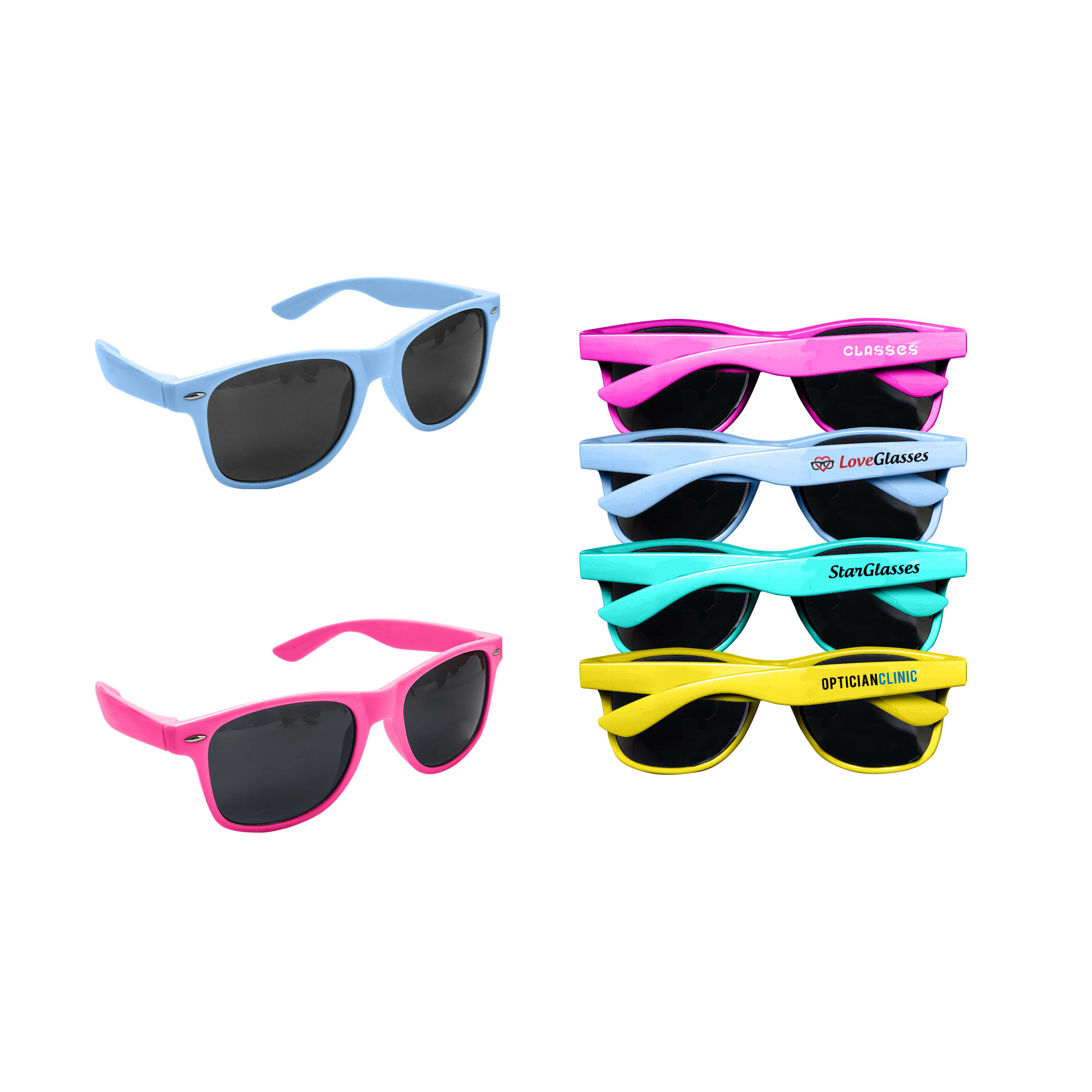 A pair of blue sunglasses and pink sunglasses are displayed alongside several pairs of pink, teal, and black sunglasses, all with logos. RPET Sunglasses - Image 1