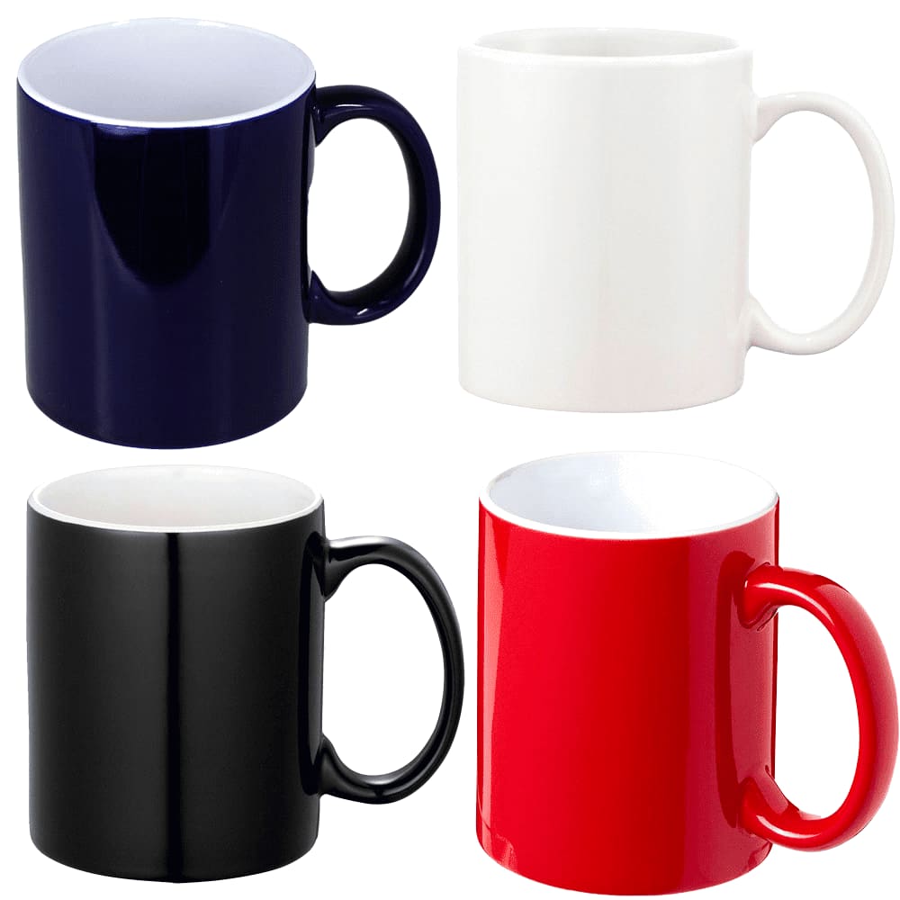 A set of four ceramic mugs in navy, white, black, and red with glossy finishes, each featuring a handle. Ceramic Mug 325ml In Folded Box - Image 1