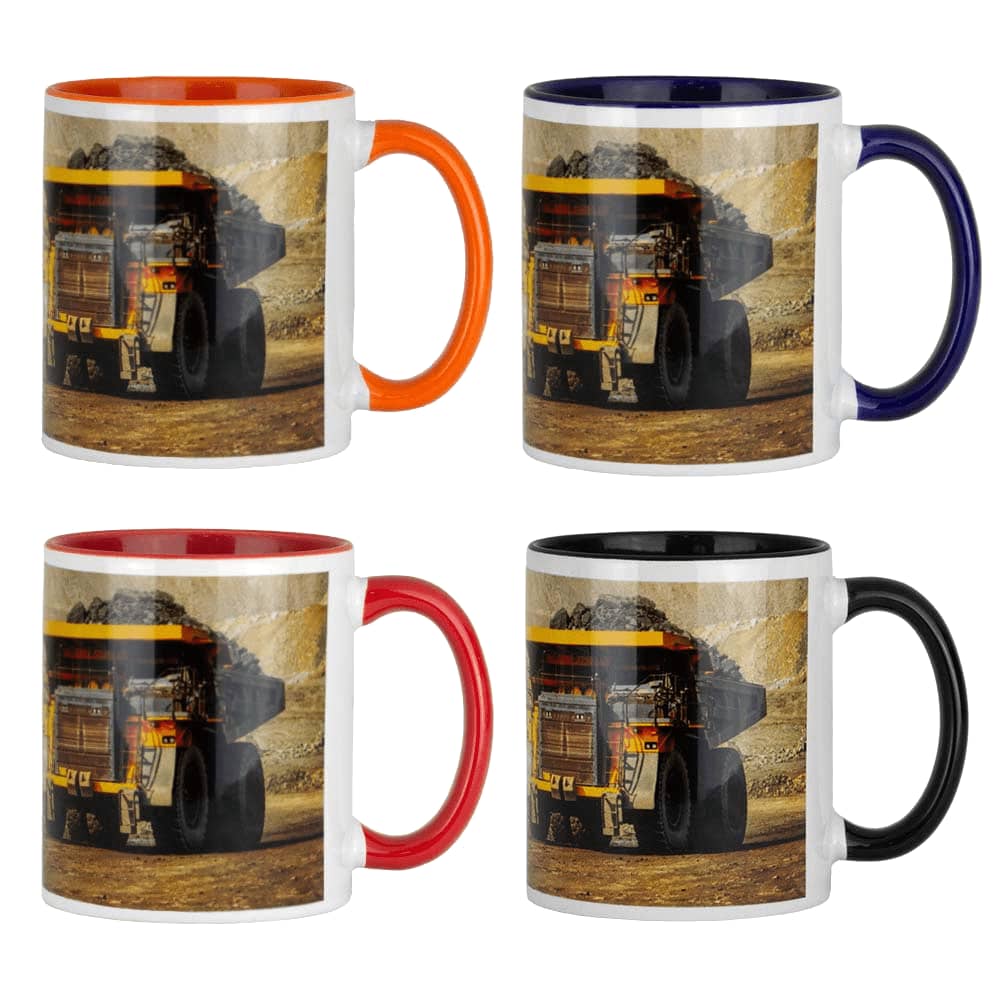 Four ceramic mugs in orange, red, blue, and black, featuring a large mining truck graphic and a logo. Bounty Two Tone Sublimation Ceramic Mug 325ml - Image 1