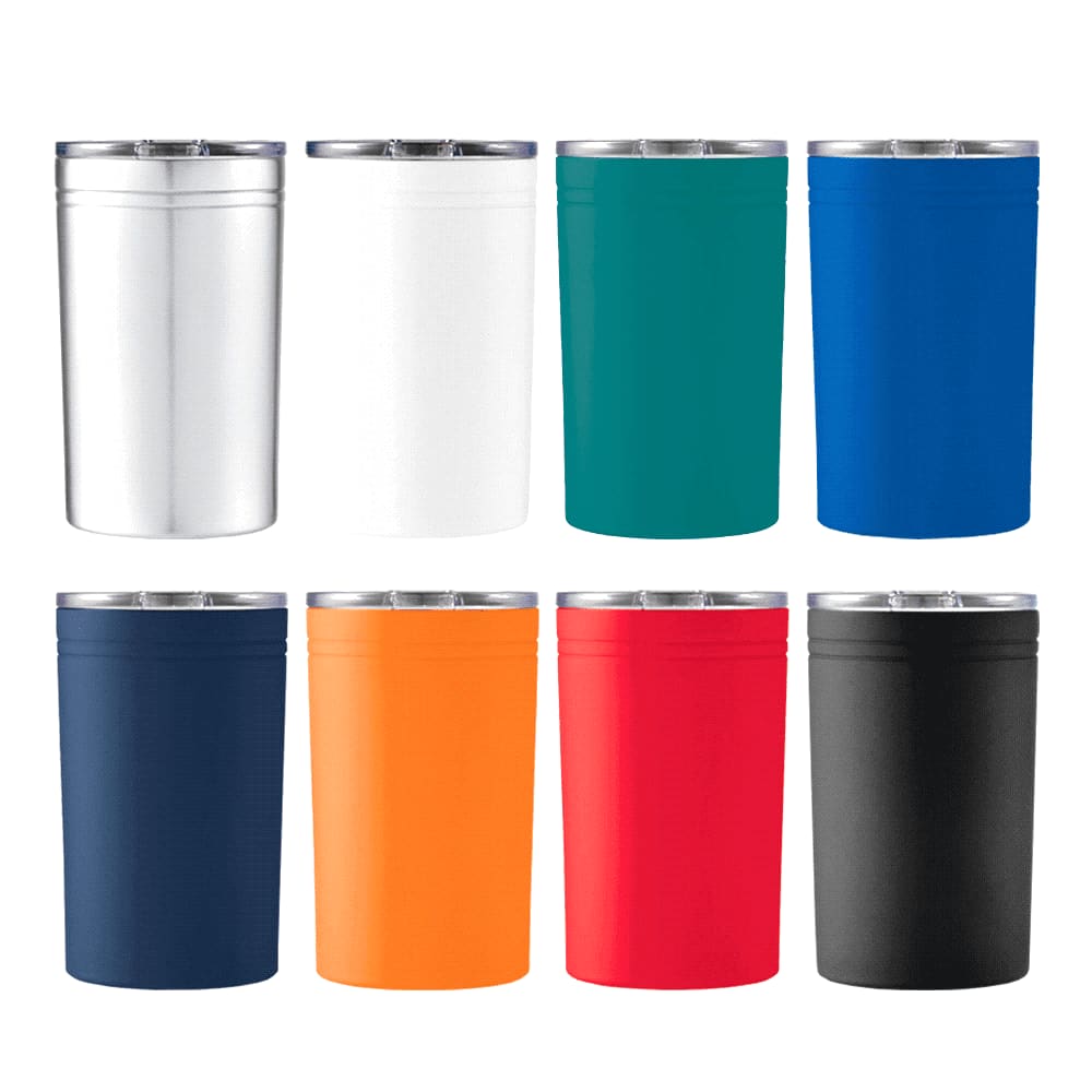 A drink bottle collection featuring eight vacuum tumblers in white, teal, blue, orange, navy, red, and black, each with a lid and a logo. Sherpa Vacuum Tumbler 325ml - Image 1