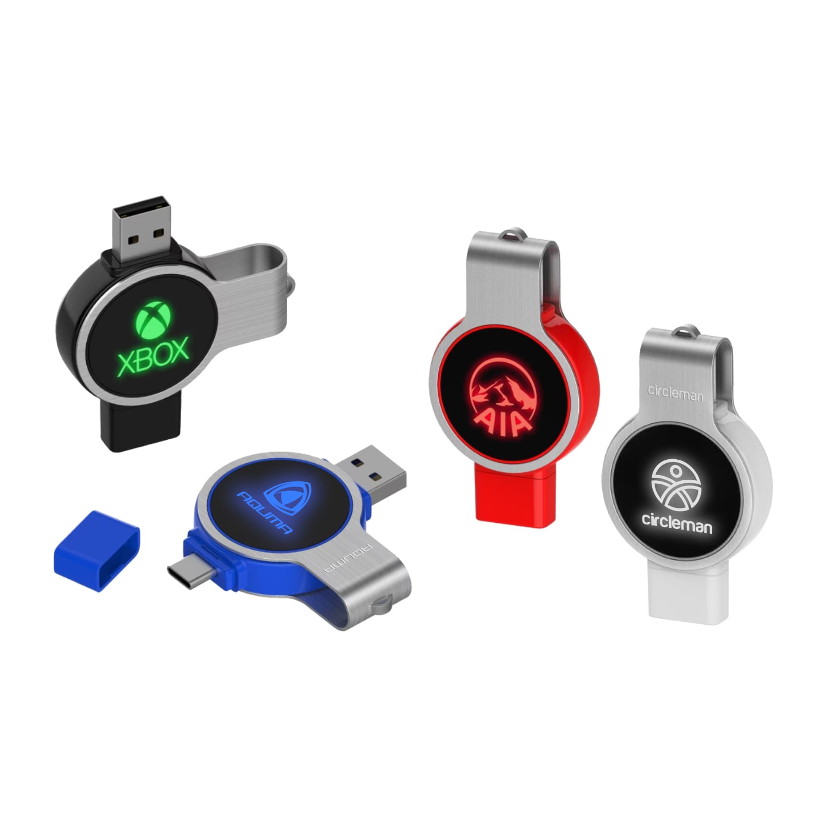 A collection of silver and coloured flash drives with swivel designs and logos, featuring USB connectors on both ends. Double Ended Swivel Lighting Logo Flash Drive - Image 1