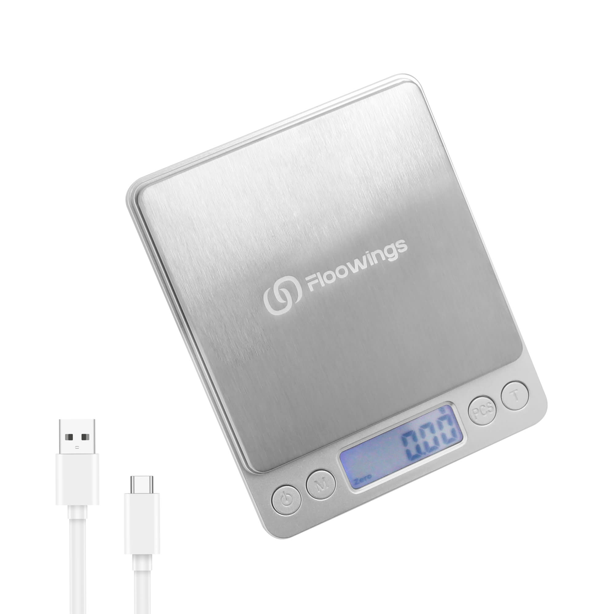 A silver rechargeable kitchen scale with a digital display and a USB charging cable. It features a logo on the surface. Rechargeable Kitchen Scale - Image 1