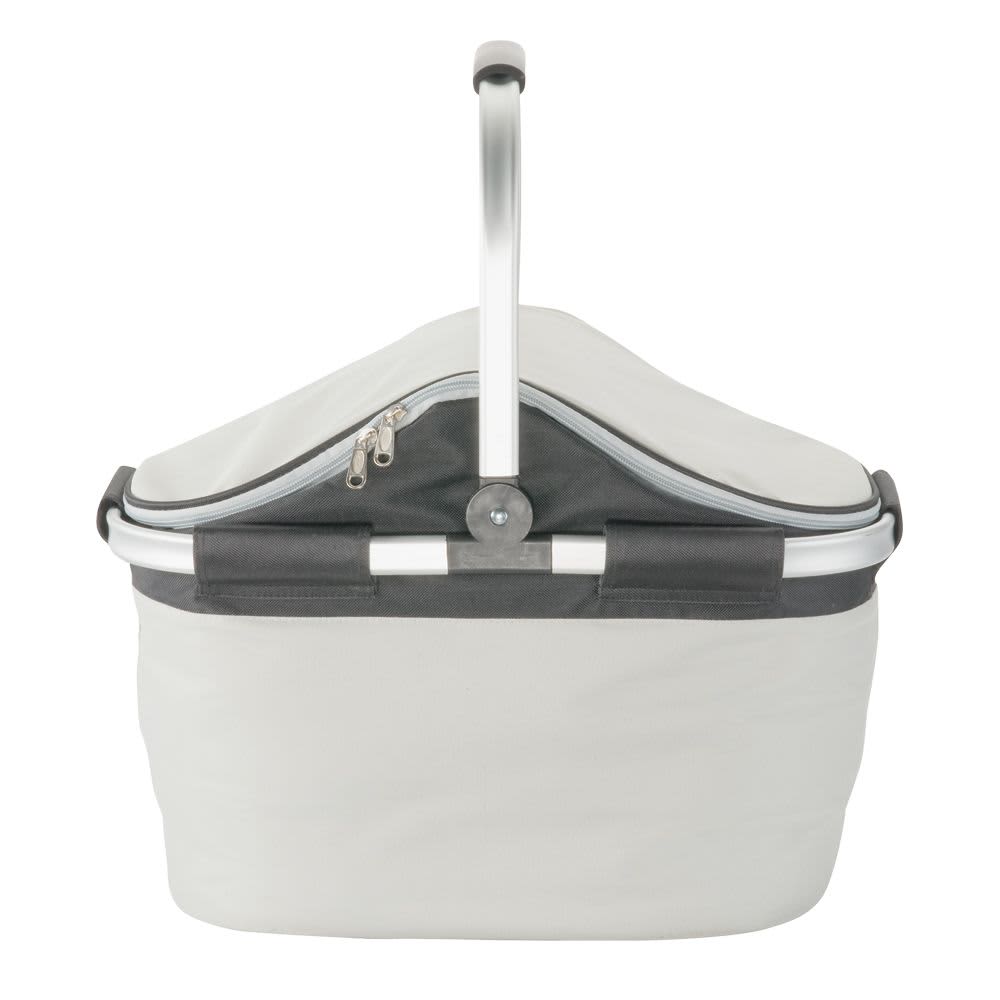A grey picnic carry bag with a sturdy handle and a zippered compartment, featuring a logo on the front. Picnic Carry Bag - Image 1