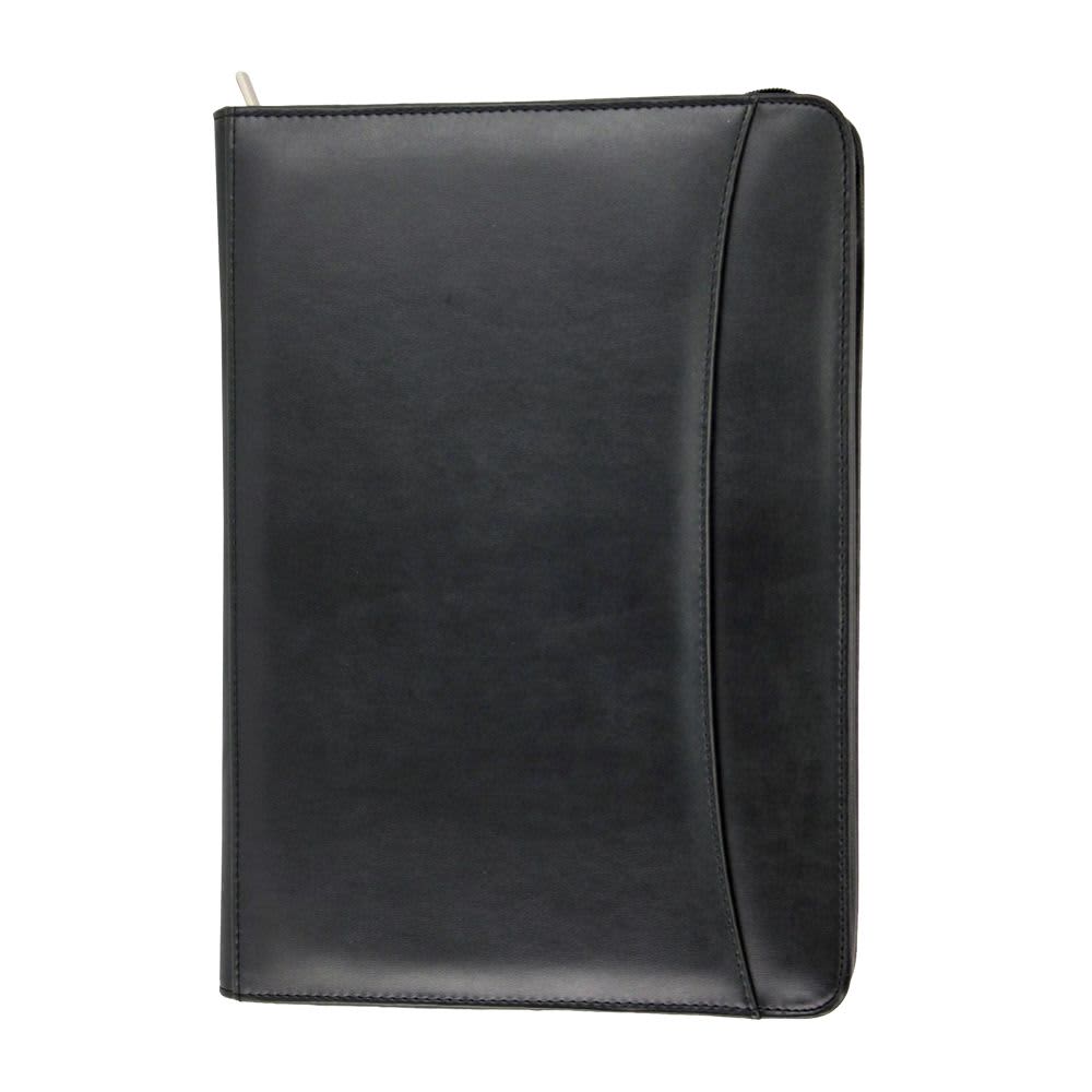 A black imitation leather zip compendium featuring a sleek design and a branded logo. The Manhattan A4 Imitation Leather Zip Compendium - Image 1