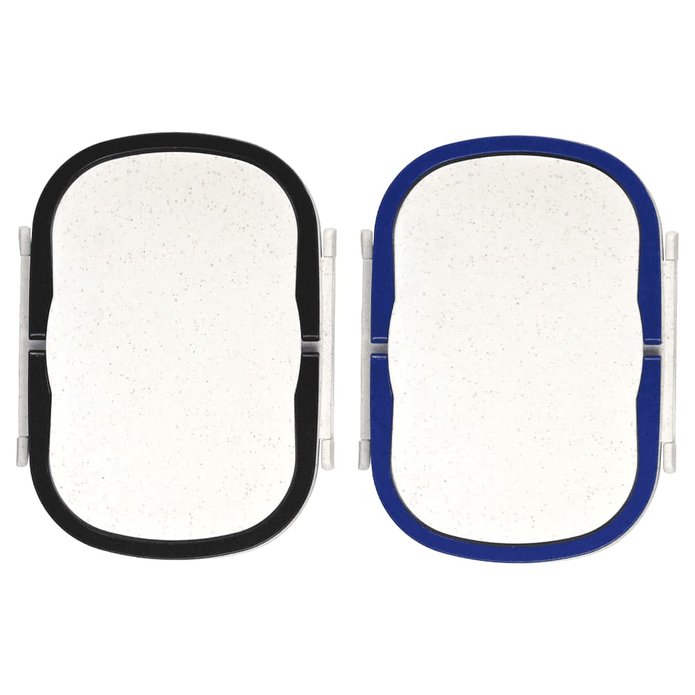 Two plastic and wheat straw lunch boxes, one with a black rim and the other with a blue rim, featuring a white interior. Plastic & Wheat Straw Lunch Box - Image 1