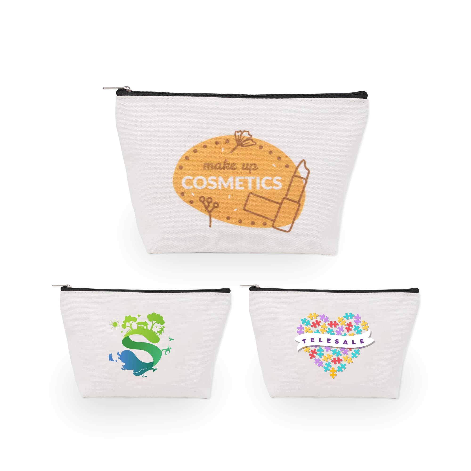 A canvas cosmetic bag in cream featuring three different designs, each with various colours and a logo. Canvas Cosmetic Bag - Image 1