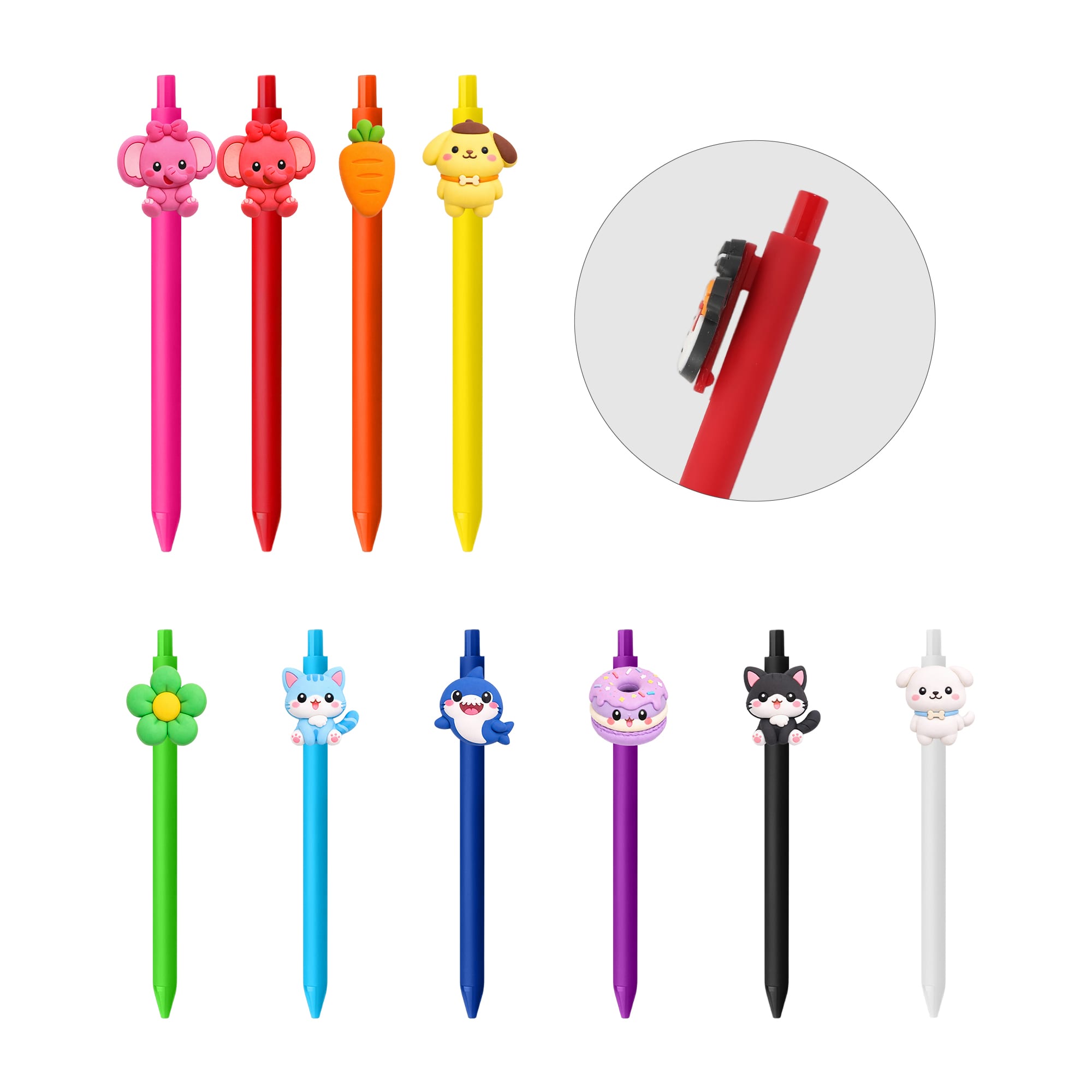 A selection of colourful custom PVC pens featuring various cute animal and object toppers, including pink, yellow, and black options. Custom PVC Pen A - Image 1