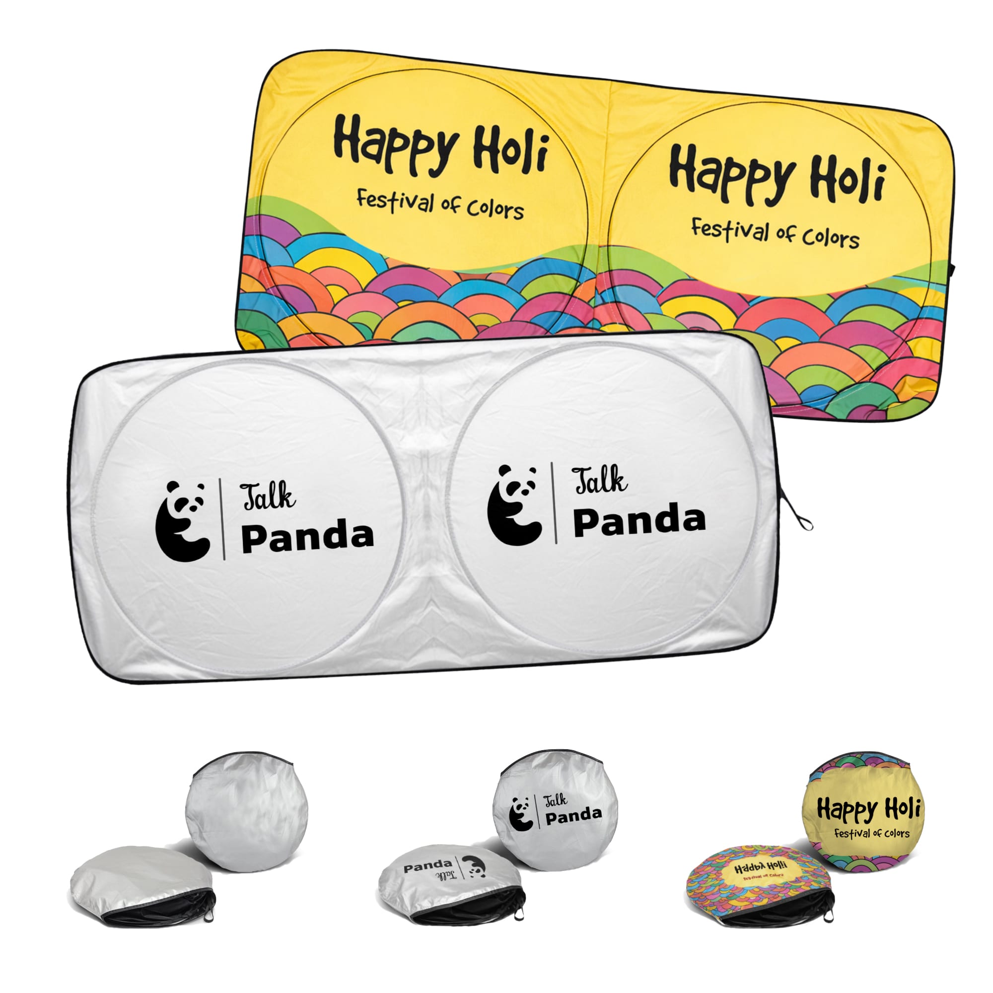 Twin circular sun shades in various colours, featuring playful designs and branding, with round carrying pouches. Twin Circular Light-blocking Car Sun Shade - Image 1