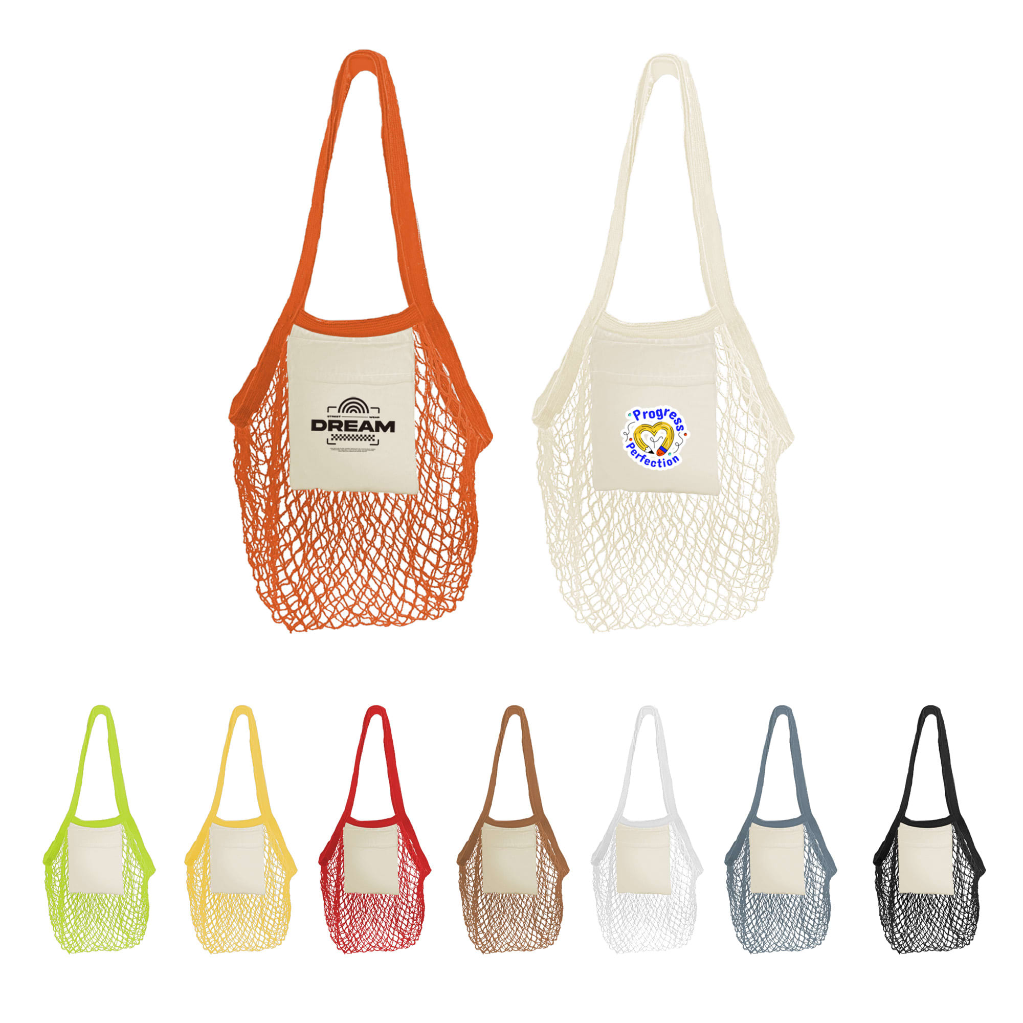 Mesh foldaway cotton tote bags in orange, cream, yellow, green, brown, black, and blue, featuring logos on the front. Mesh Foldaway Cotton Tote bag - Image 1