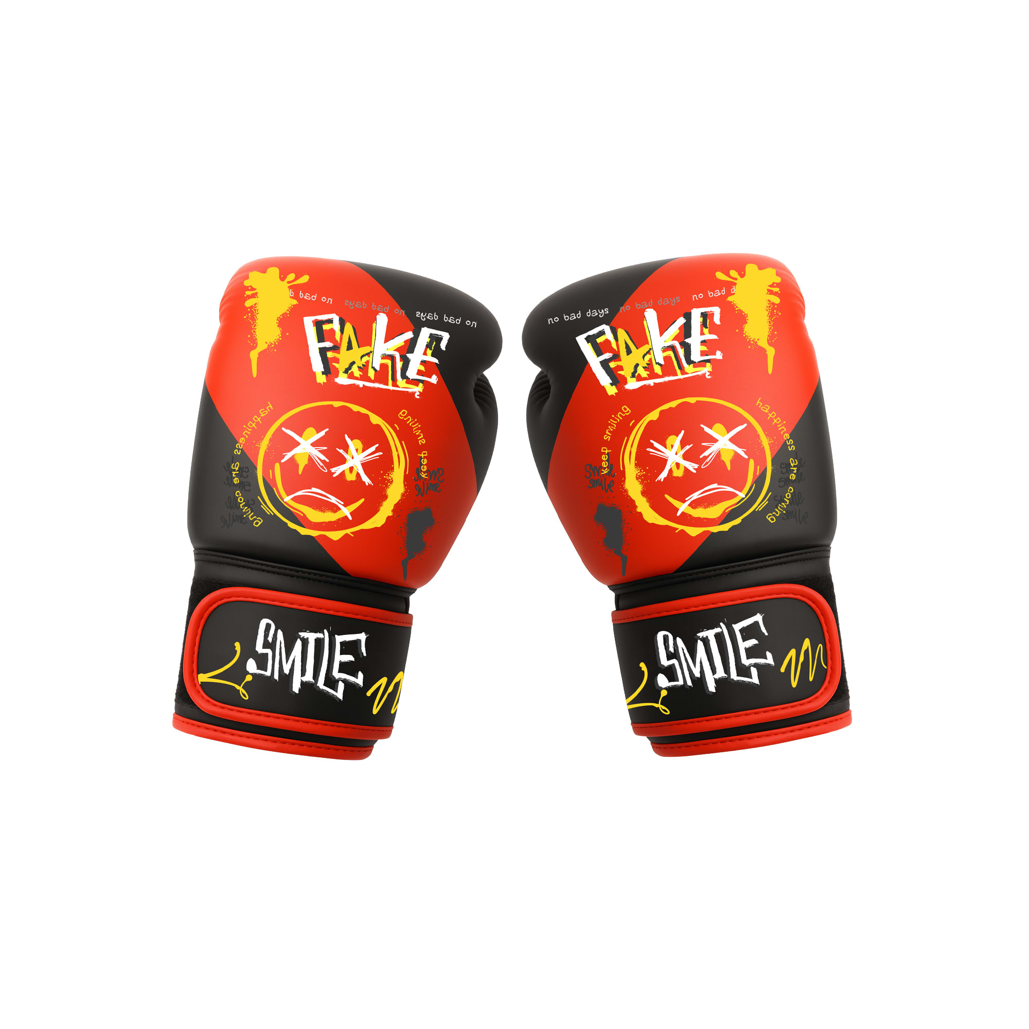 Kids boxing gloves in red and black with vibrant graphic designs, featuring a logo on the wrist strap. Kids Boxing Gloves - Image 1